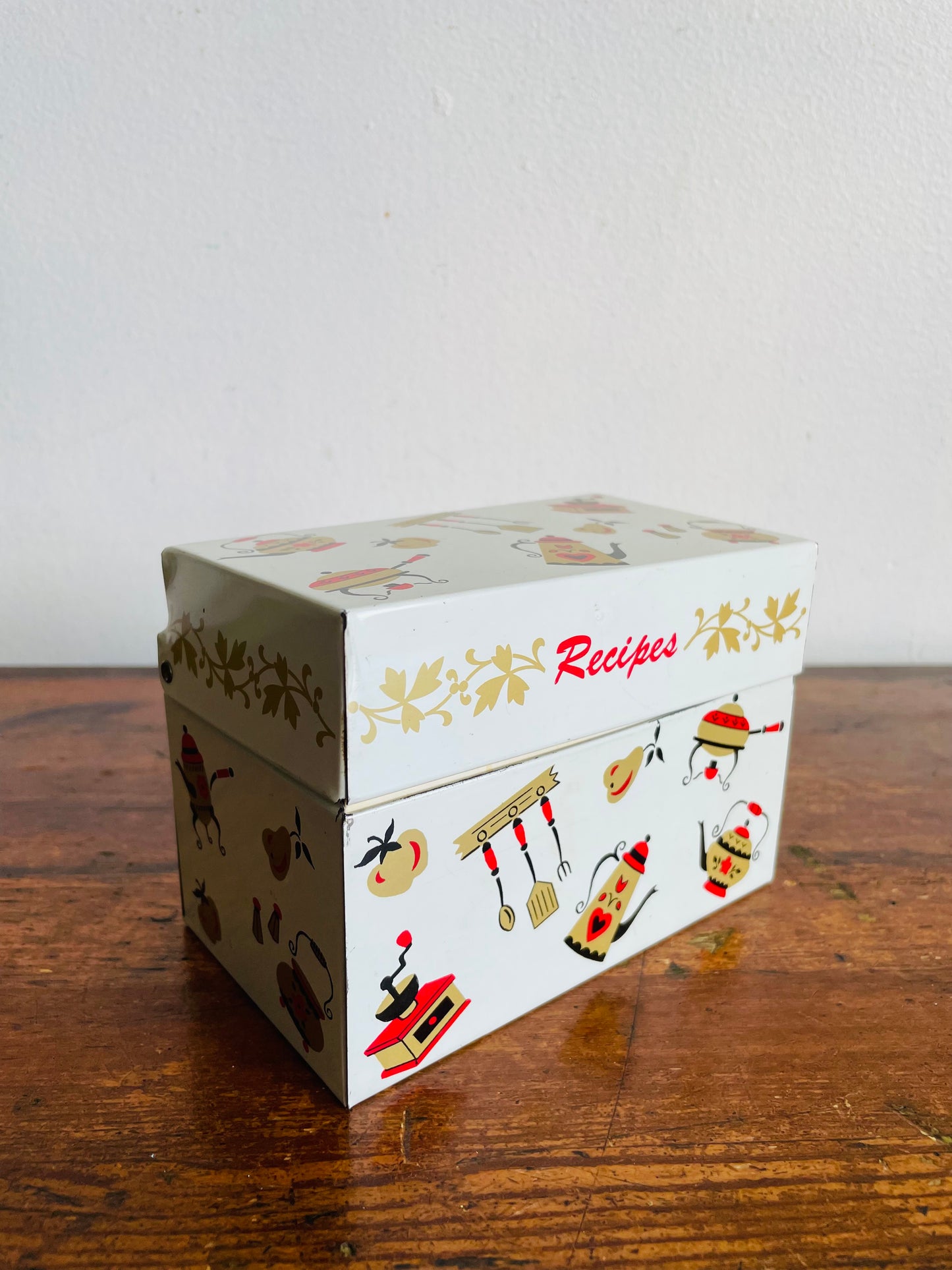 Vintage Ohio Art Co. White Metal Recipe Tin Box with Hinged Lid - Full of Category Dividers & Recipes - Made in Bryan, Ohio USA