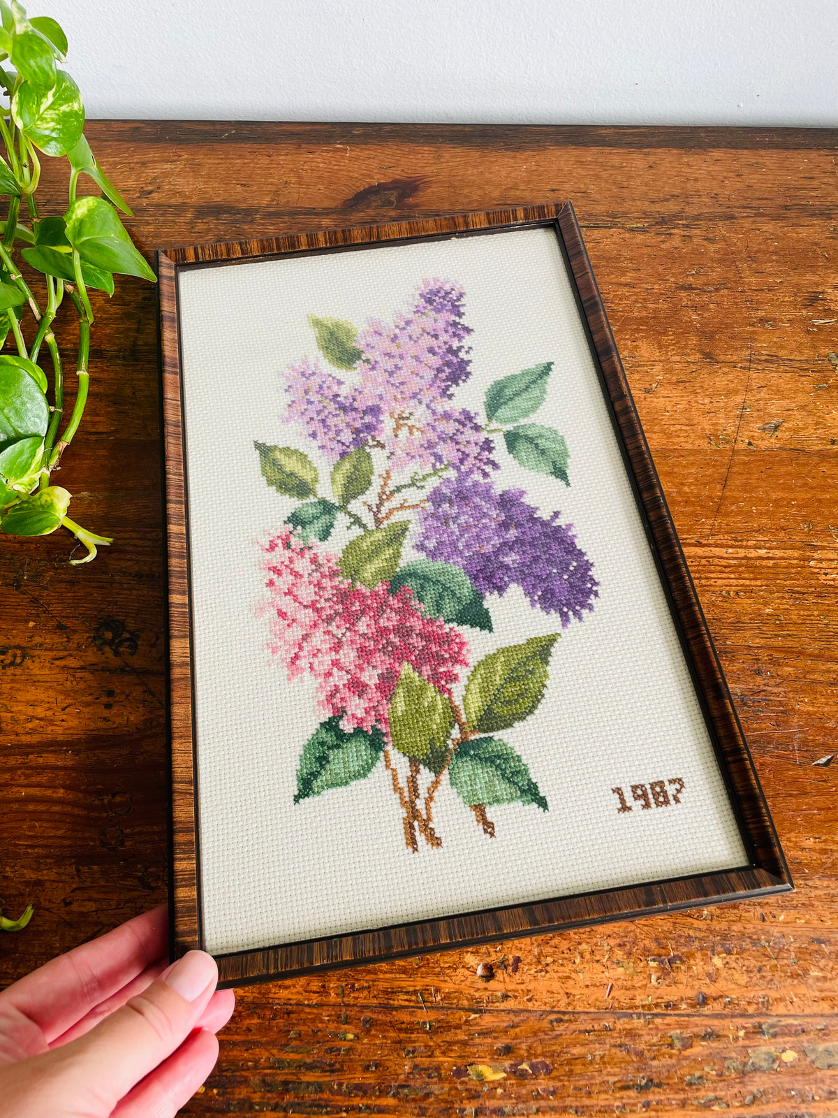 Vintage 1987 Cross Stitch Embroidery Picture of Purple Lilac Flowers