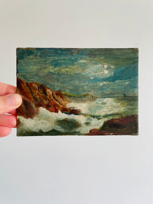 Original Art Painting of Ocean Waves Crashing into Rocks - Painted on Ernest Tinchant Wood Cigar Box Lid  - Found in Lisbon, Portugal