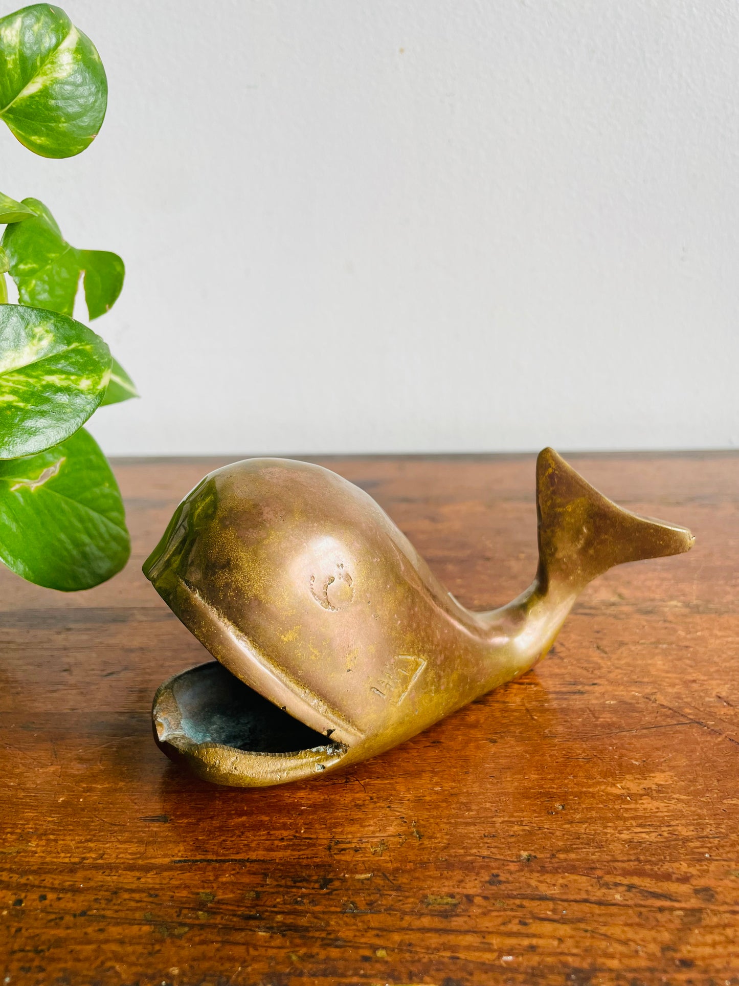 Vintage Solid Brass Open-Mouth Whale Figurine - Ashtray, Trinket Dish, Cone Incense Burner, Etc.
