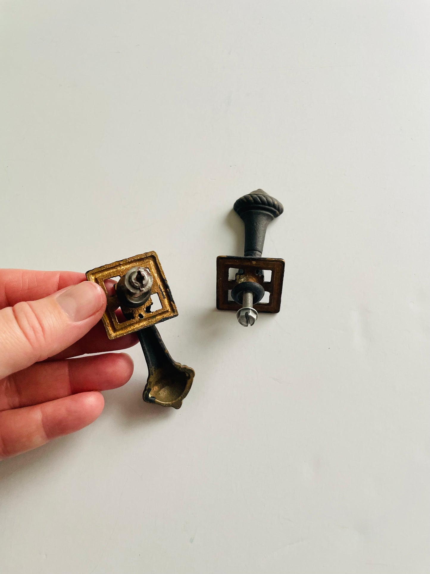 Antique Black Painted Brass Drawer Pull Handles - Set of 2 - As Found