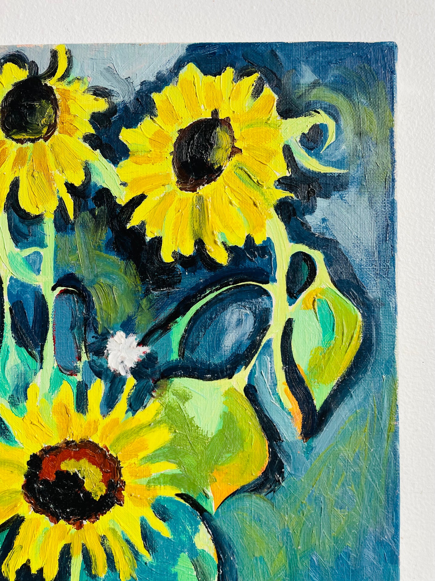Vintage 1997 Sunflower Garden & Cat Abstract Original Art Painting on Canvas - Artist Signed A. James