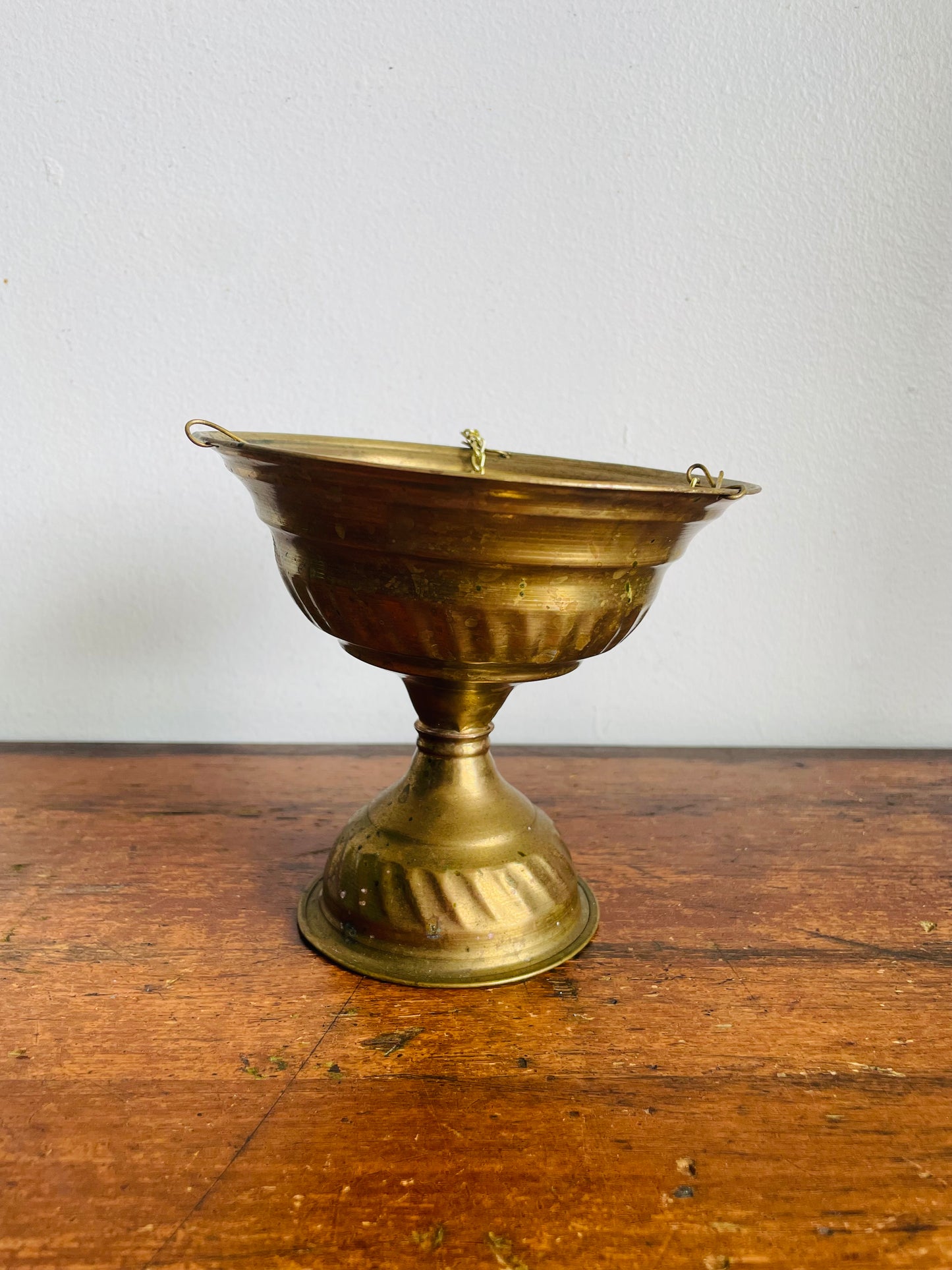 Vintage Brass Pedestal Dish Hanging Planter Pot - Can Stand or Hang from Chain