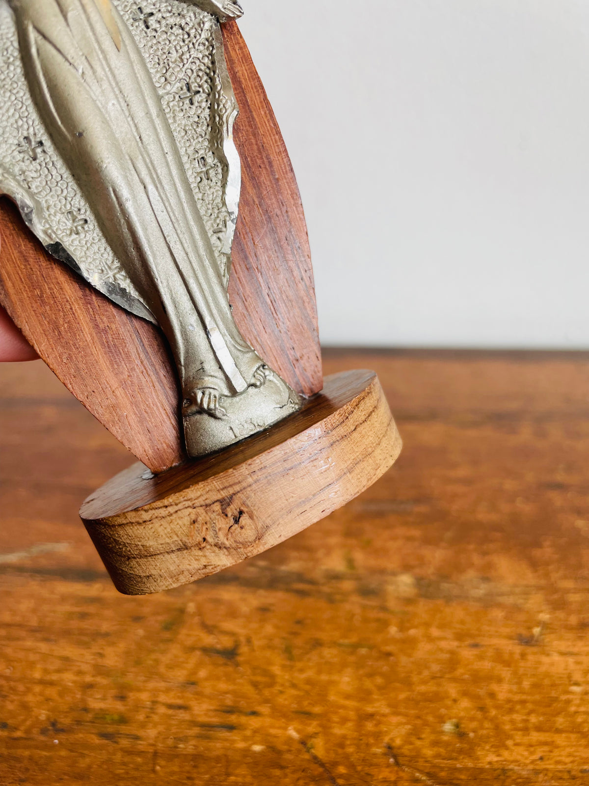 Vintage Hand-Engraved Pewter / Peltro Cesellato a Mano - The Miraculous Medal 1830 Mary Statue on Wood Base - Made in Italy