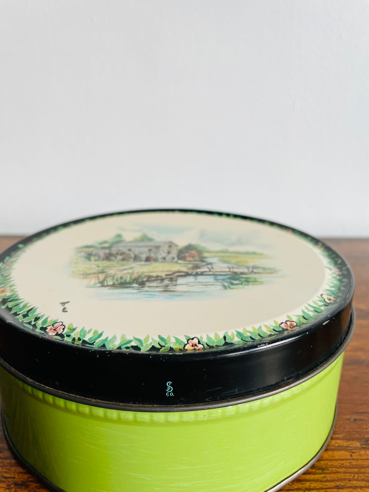 Quaint Country Grist Mill Cottage Scene Round Biscuit Tin with Lid