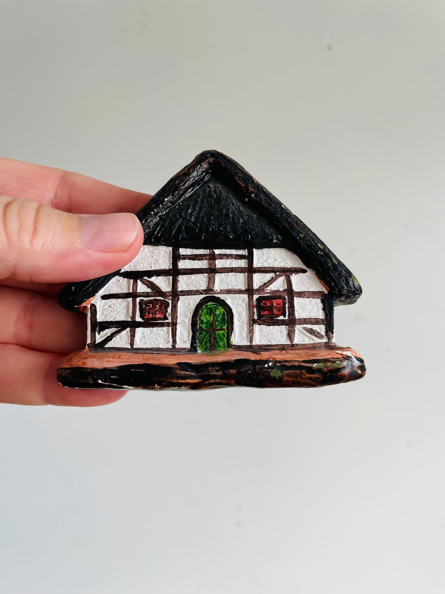 Vintage Adorable Mini Hand-Painted Plaster Thatched Roof Cottage Houses - Can Hang or Lean - Set of 2