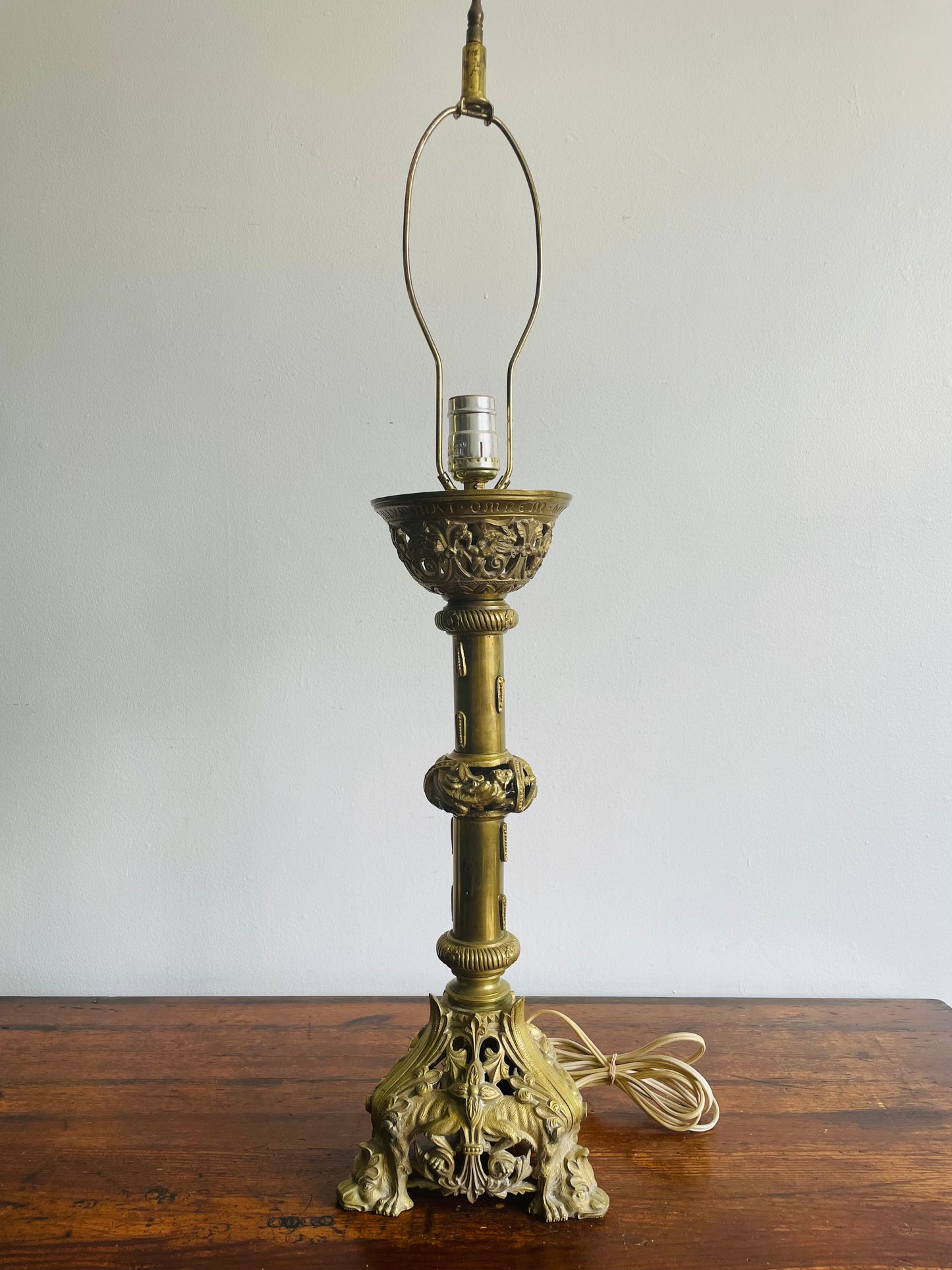 Antique Heavy Solid Brass Church Altar Candle Holder Turned Into Lamp - Originally from Montreal