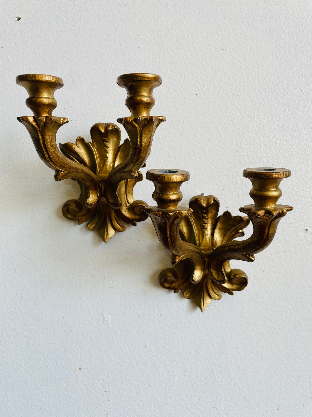 Vintage Italian Double Skinny Taper Candle Holder Wall Hanging Sconces - Gold Rococo Louis XV Style - Set of 2 - Made in Italy