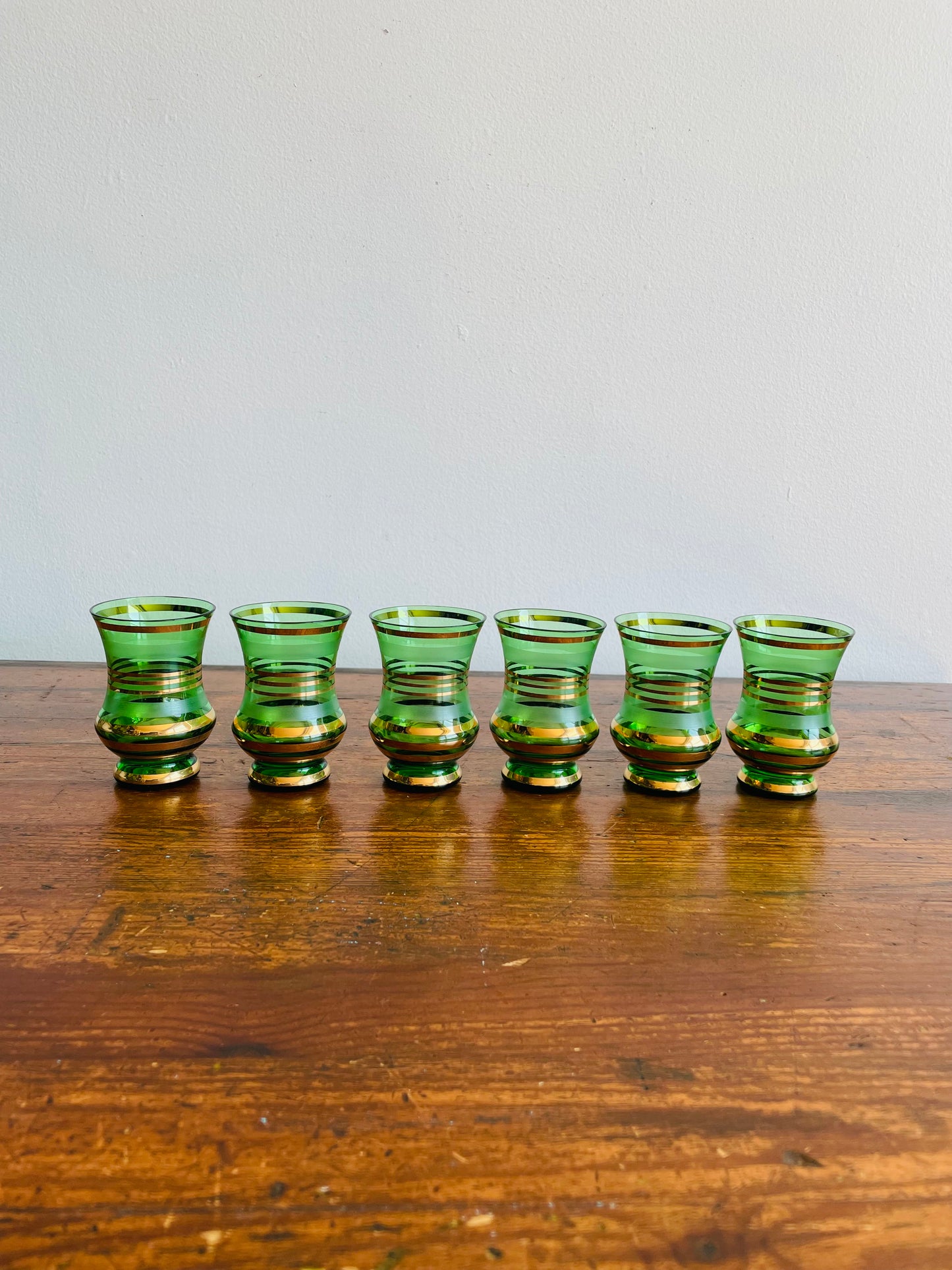 Green Glass with Frosted Bands & Gold Stripes Shot or Cordial Glasses - Set of 6