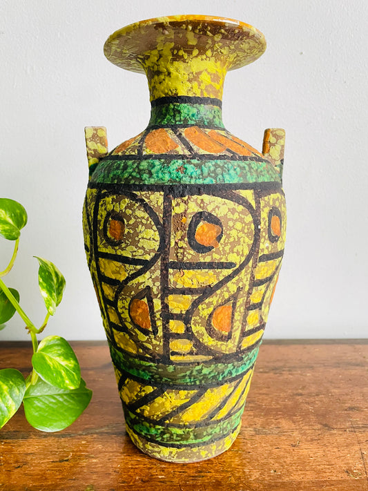 Vintage Mid-Century Italian Lava Pottery Vase in Funky Bright Geometric Pattern & Colours - Made in Italy