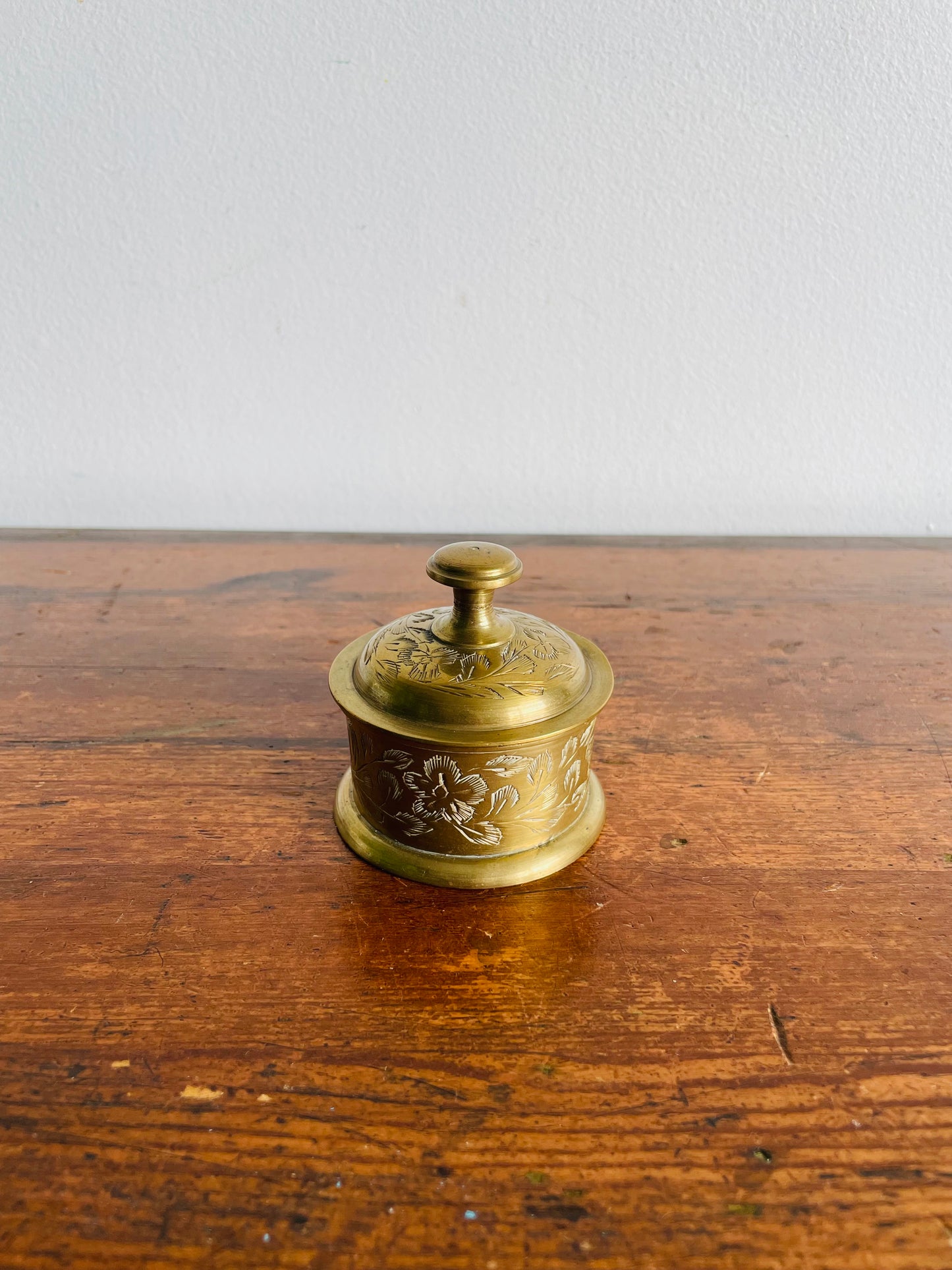 Etched Solid Brass Round Trinket Dish with Lid - Made in India