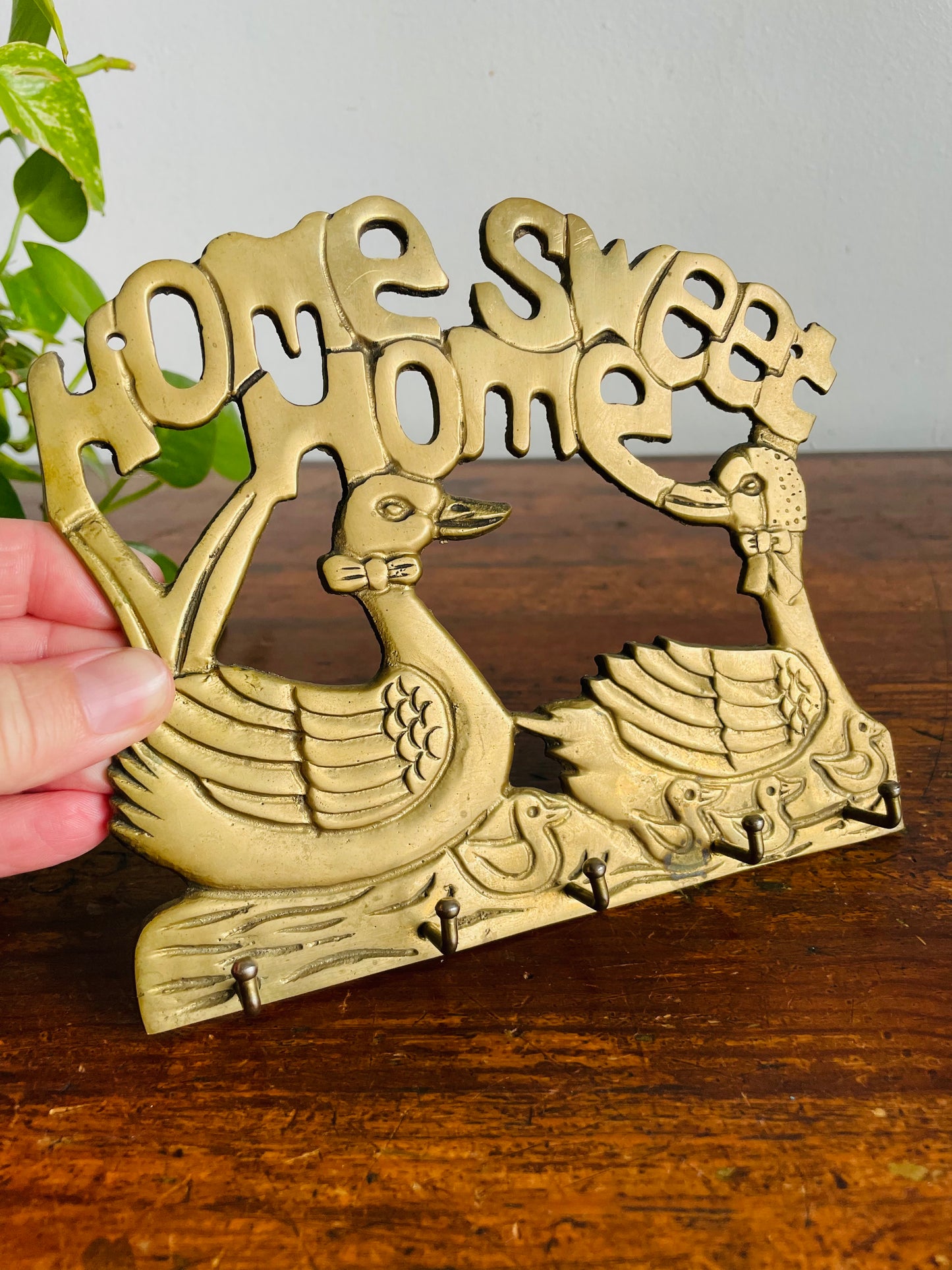 Vintage Solid Brass Home Sweet Home Key Holder Hanger Rack with Duck Family & 5 Hooks
