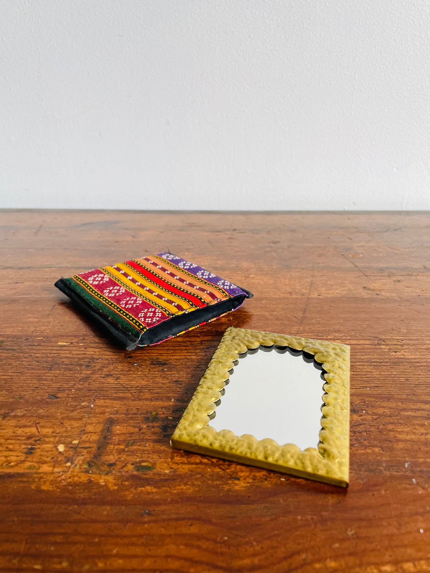 Pocket Sized Hammered Brass Mirror with Cloth Pouch