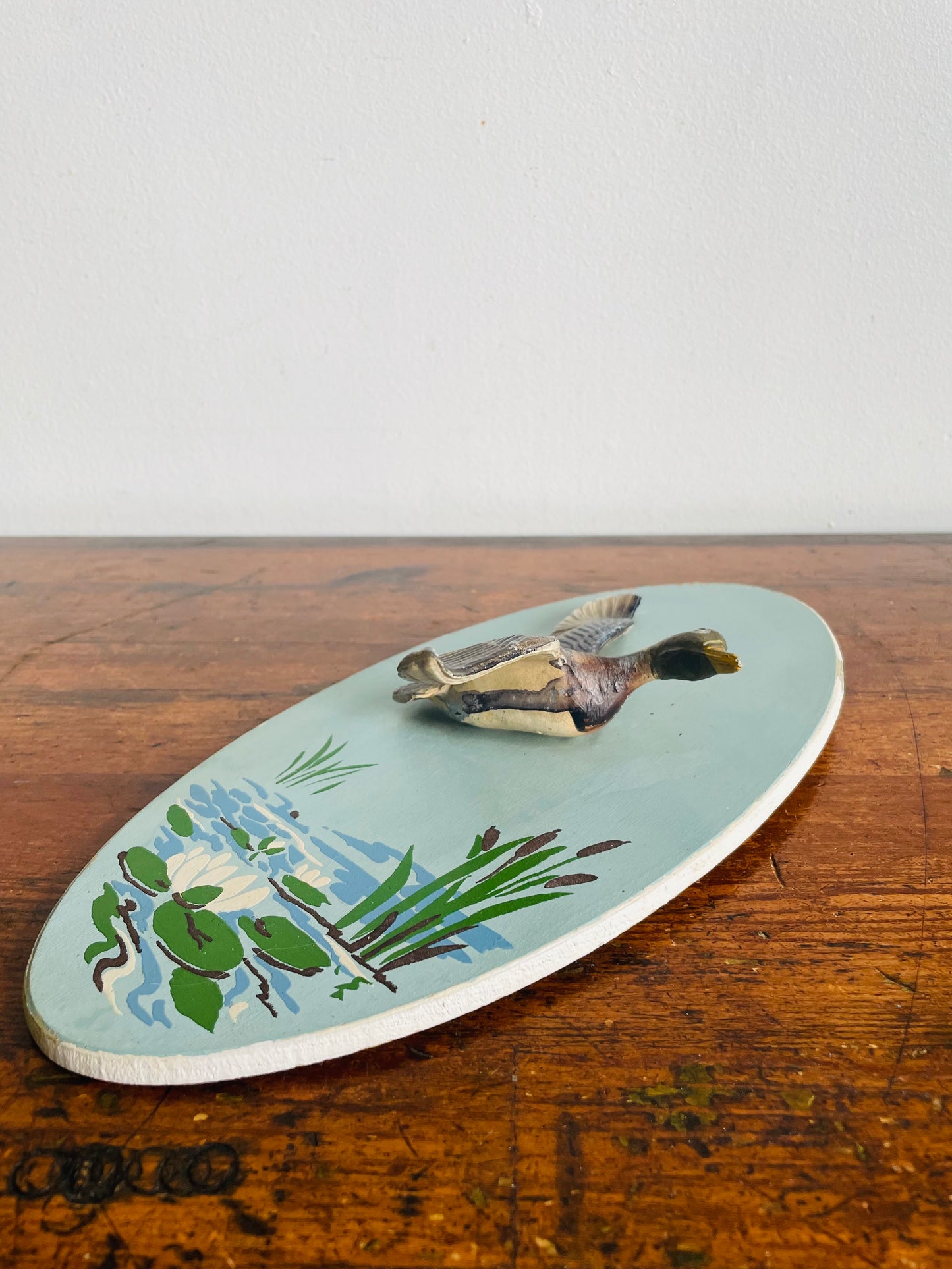 Vintage Hand Painted Oval Wall Plaque Picture with 3D Metal Mallard Duck in Flight