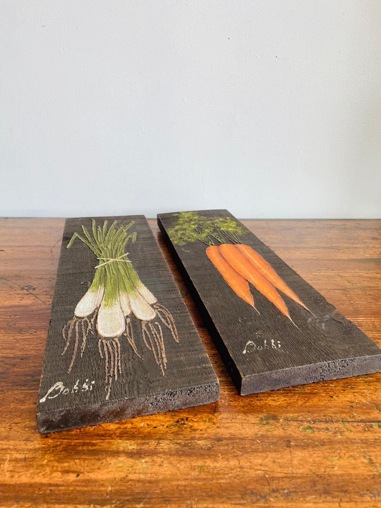 Vintage Original Art Paintings of Vegetables on Wood Boards - Carrots & Green Spring Onions - Artist Signed - Set of 2