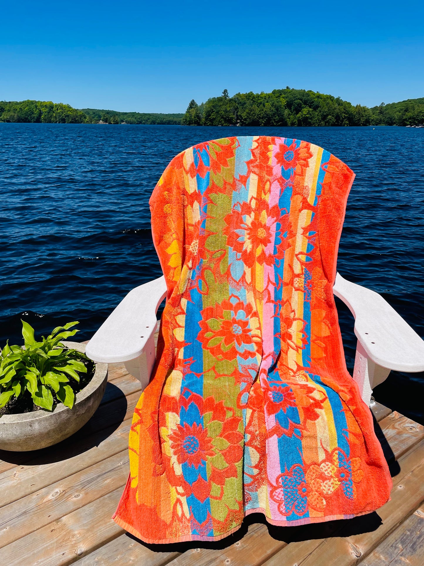 Sun Fun 100% Cotton Beach Towel in Bright Tropical Flower Print - Made in British Hong Kong