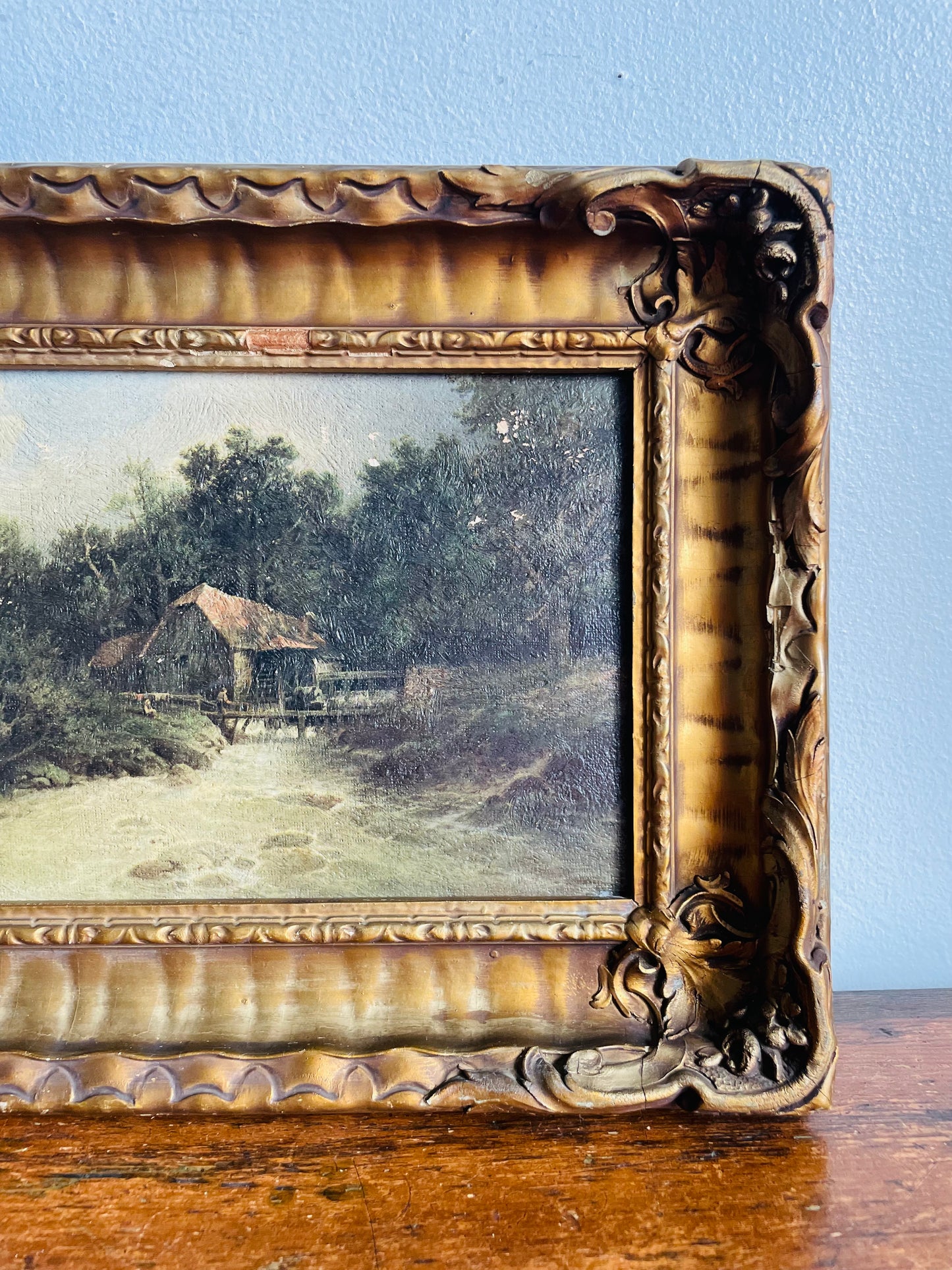 Antique Frank G. Hart's Oil Painting Facsimile Picture in Ornate Gold Frame - "The Old Watermill"