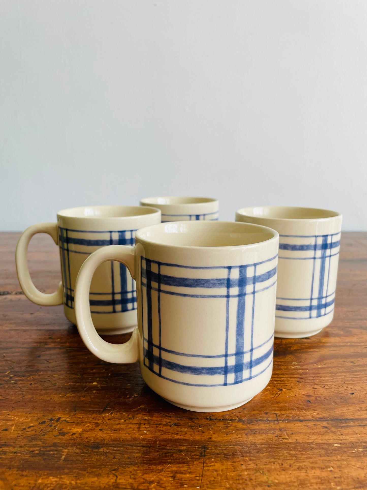 Eaton Home Blue Checkered Tartan Pattern Mugs - Set of 4 - # 2