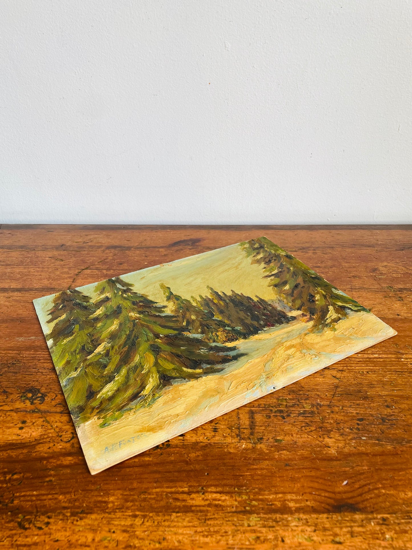 Antique Original Art Painting of Fir Tree Forest in Winter on Board - Artist Signed - Purchased from Great-Nephew of Artist in Haliburton, ON
