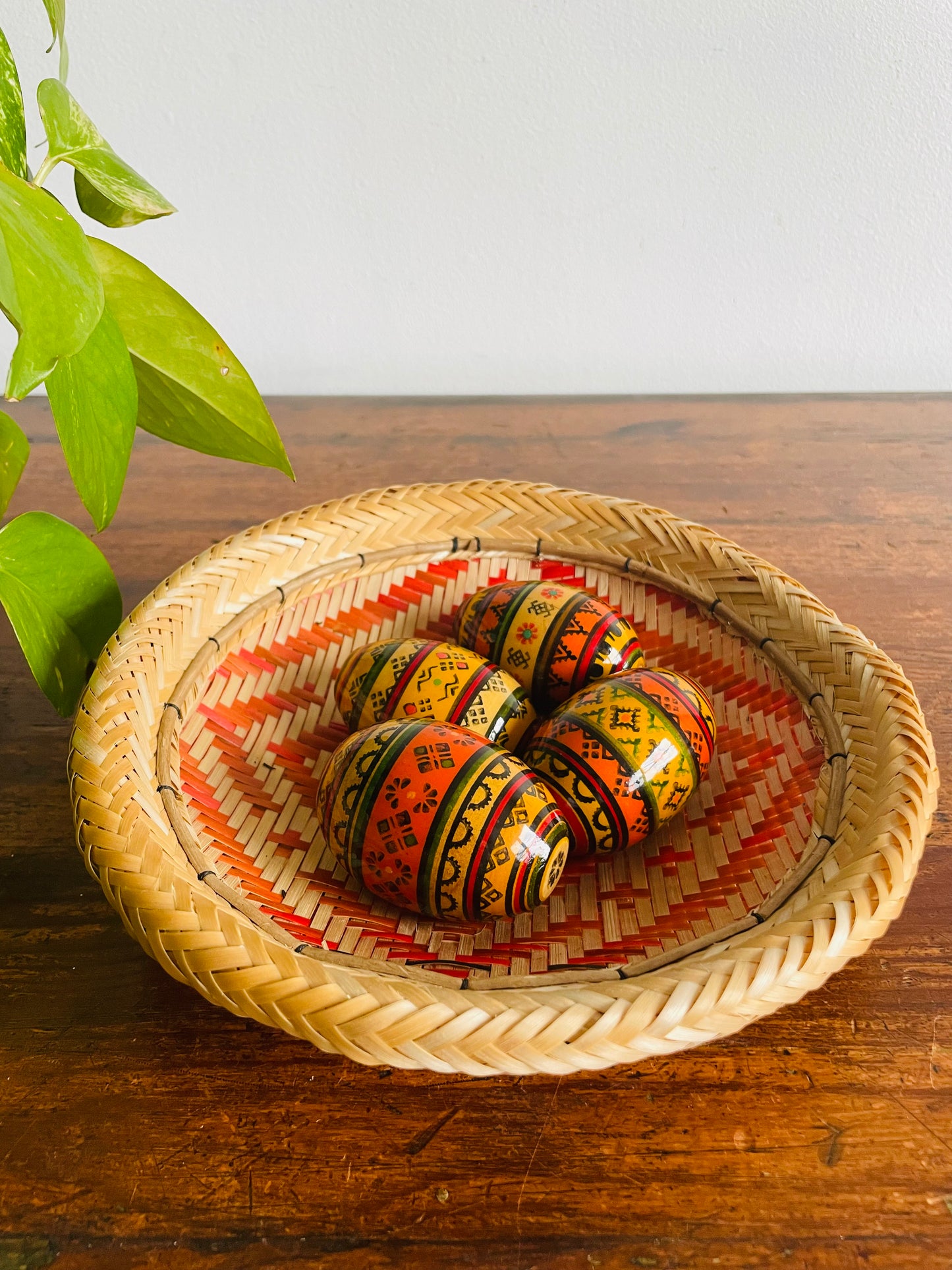 Woven Basket Bowl or Wall Hanging with Orange Design