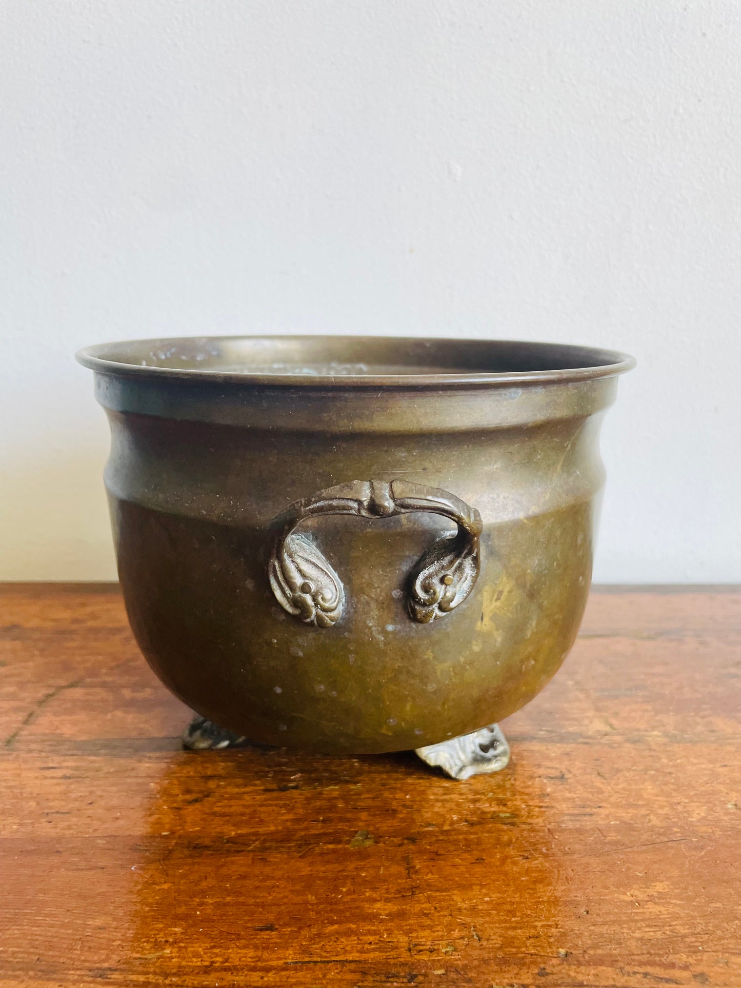 Vintage Solid Brass Footed 7" Planter Pot with Handles & Dark Patina