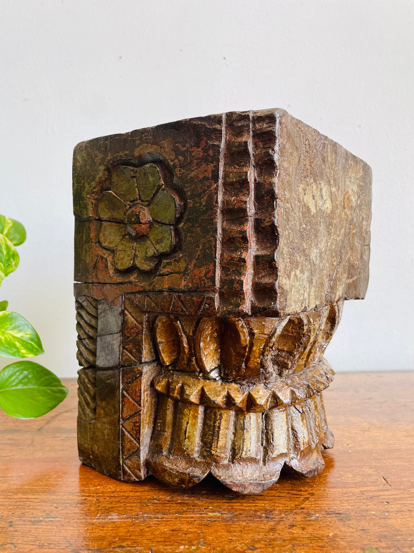 Vintage / Possibly Antique Hand-Carved Indian Architectural Salvage - Solid Wood Heavy Pillar Post from Temple or Home - Has Brackets for Hanging or Can Stand / Has a Candle Holder Spike Carved Out on Top