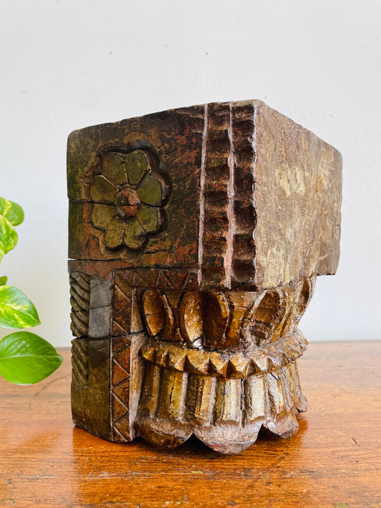 Vintage / Possibly Antique Hand-Carved Indian Architectural Salvage - Solid Wood Heavy Pillar Post from Temple or Home - Has Brackets for Hanging or Can Stand / Has a Candle Holder Spike Carved Out on Top
