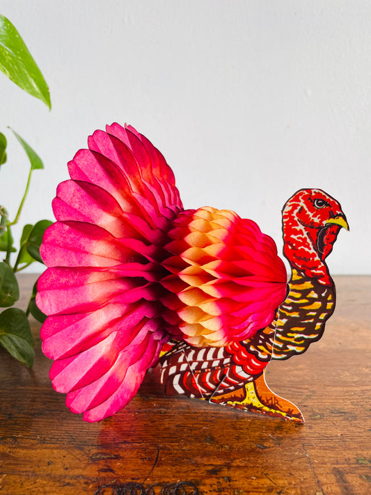 Vintage Danish Amscan Cardboard & Tissue Paper Standing Mini Turkey Honeycomb Decoration - Thanksgiving & Autumn Decor - Made in Denmark