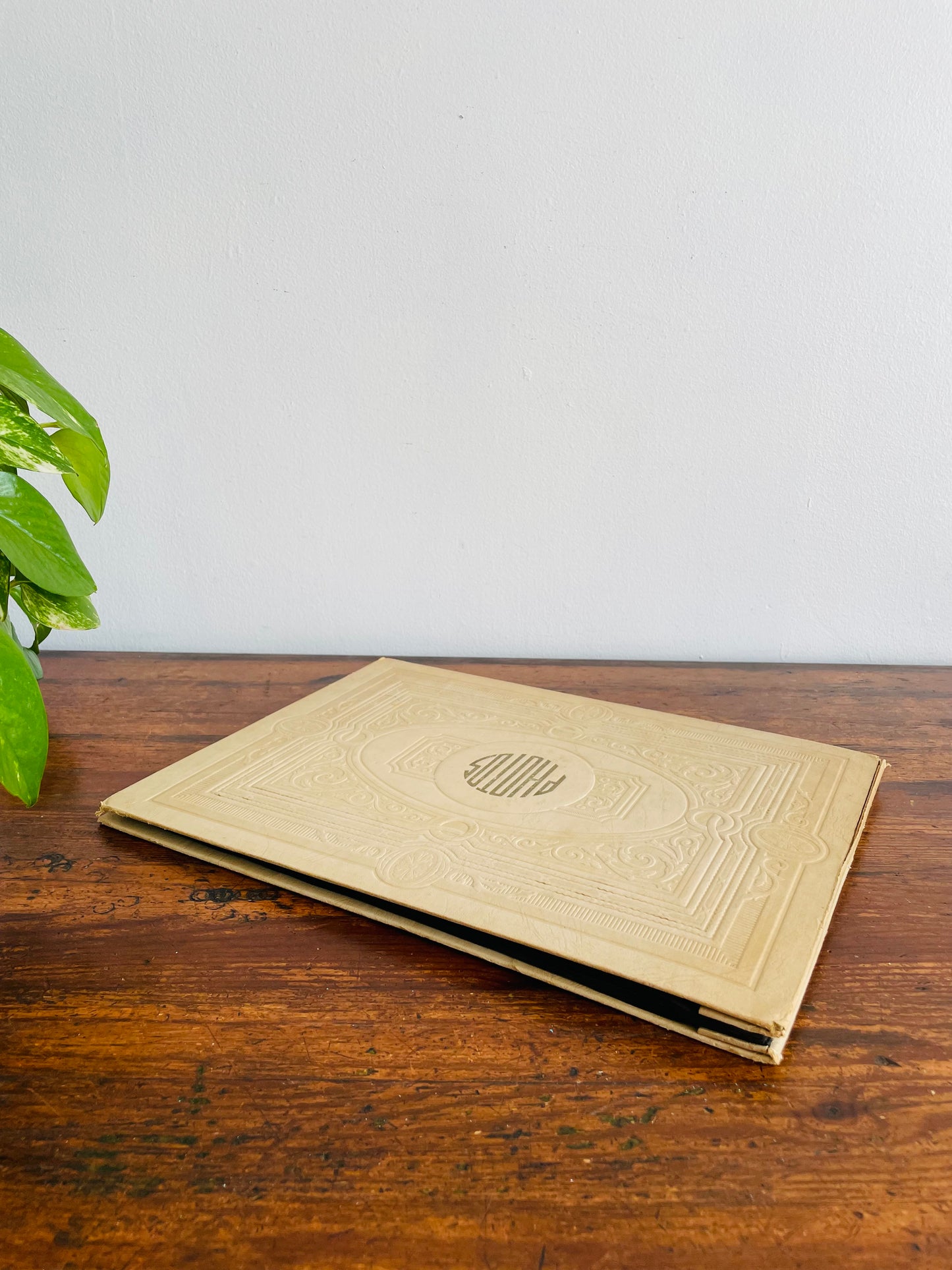 Antique Photo Album or Scrapbook - Cream with Embossed Design - Black Pages - Empty