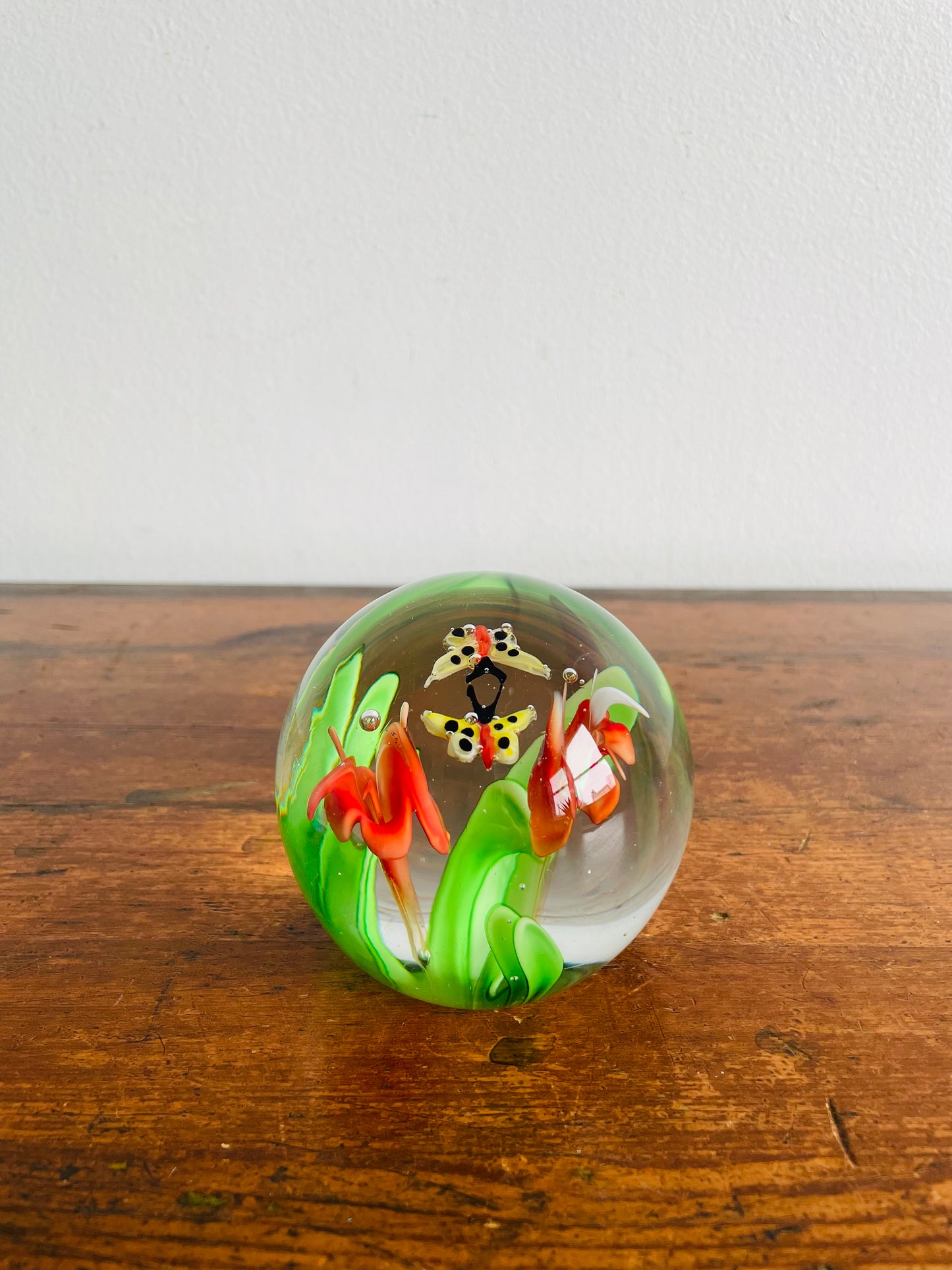 Italian Murano-Style Blown Glass Paperweight with Butterflies & Flowers