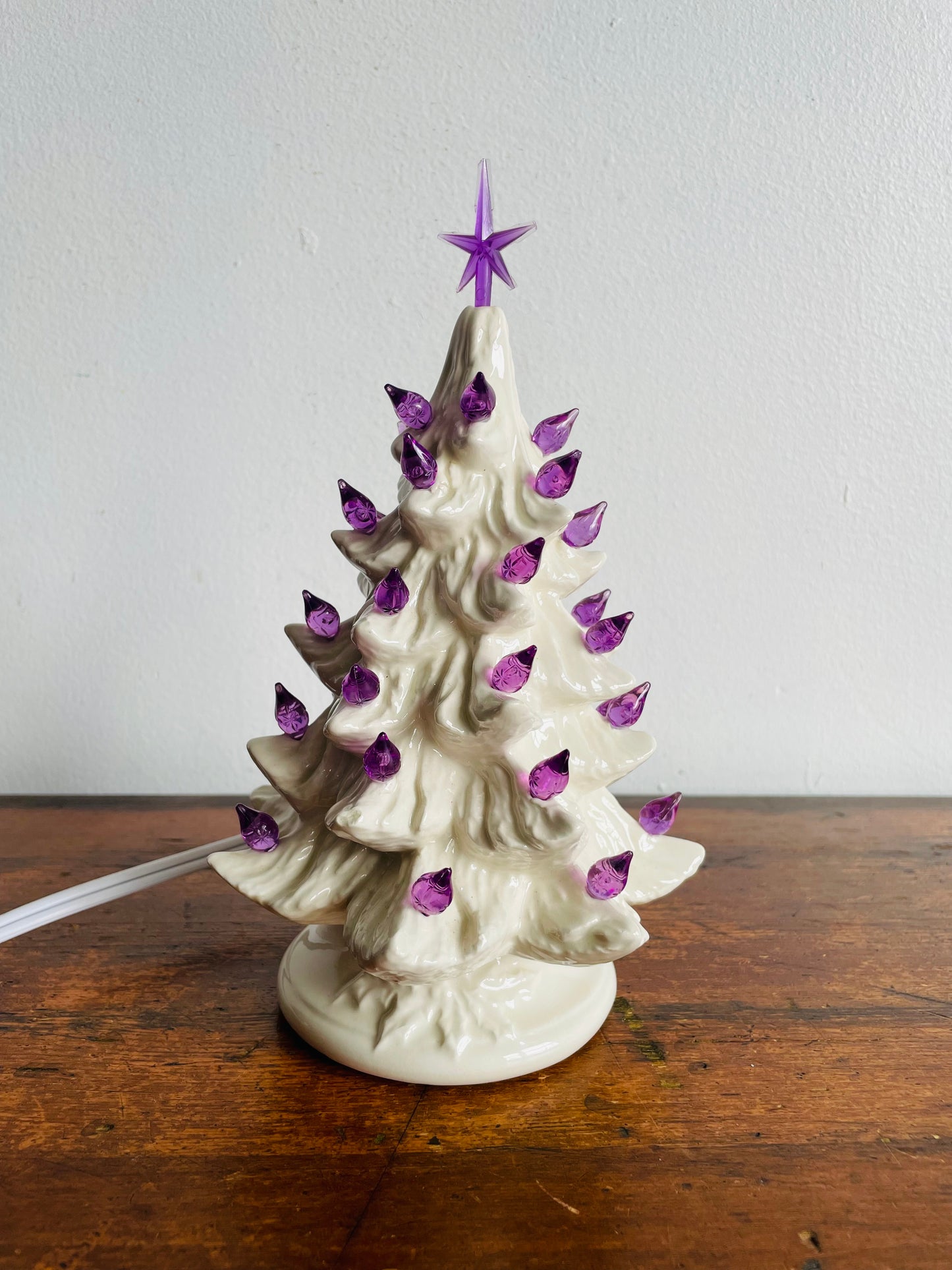 Miniature White Ceramic Light Up Christmas Tree with Purple Bulbs & Star (2005)