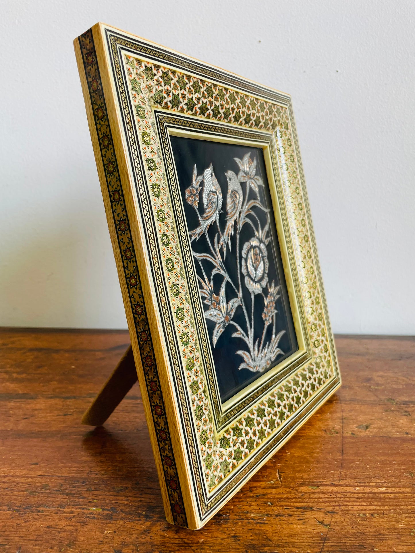 Vintage Persian Khatam Kari Marquetry Frame with Handcrafted Copper & Silver Inlay Picture of Birds & Flowers - Easel Backing