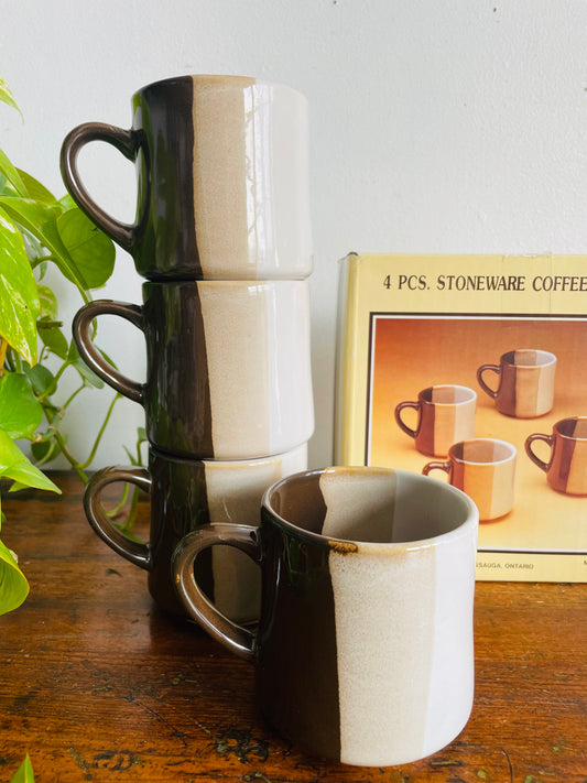 Vintage Brand New in Original Box Striped Stoneware Set of 4 Mugs - Made in Taiwan