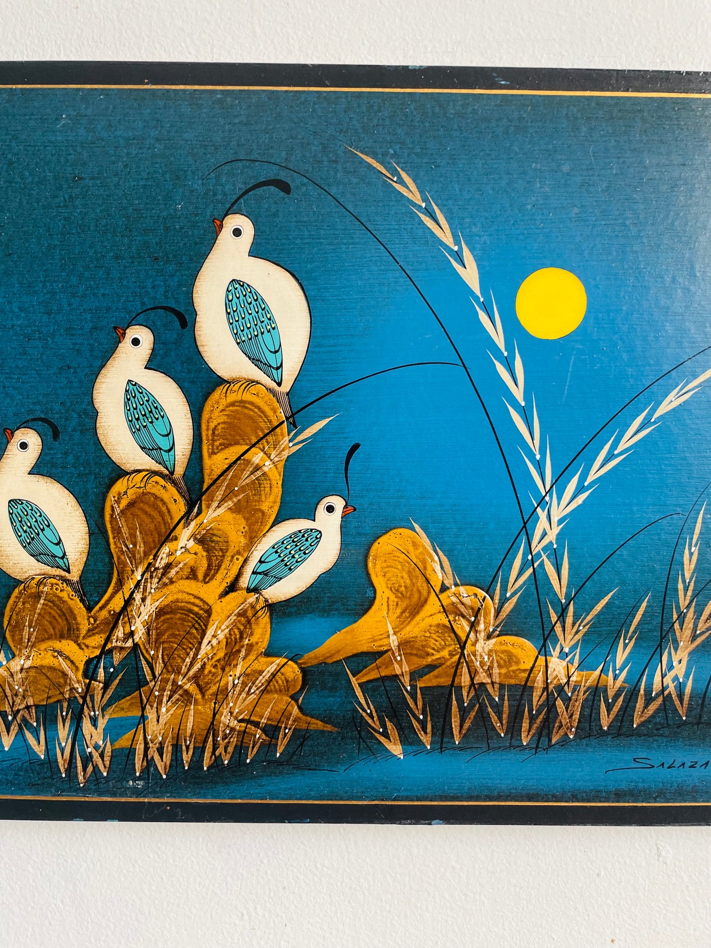 Vintage Mexican Folk Art Painting of Quail Birds with Sun & Blue Background - Artist Signed Salazar G.
