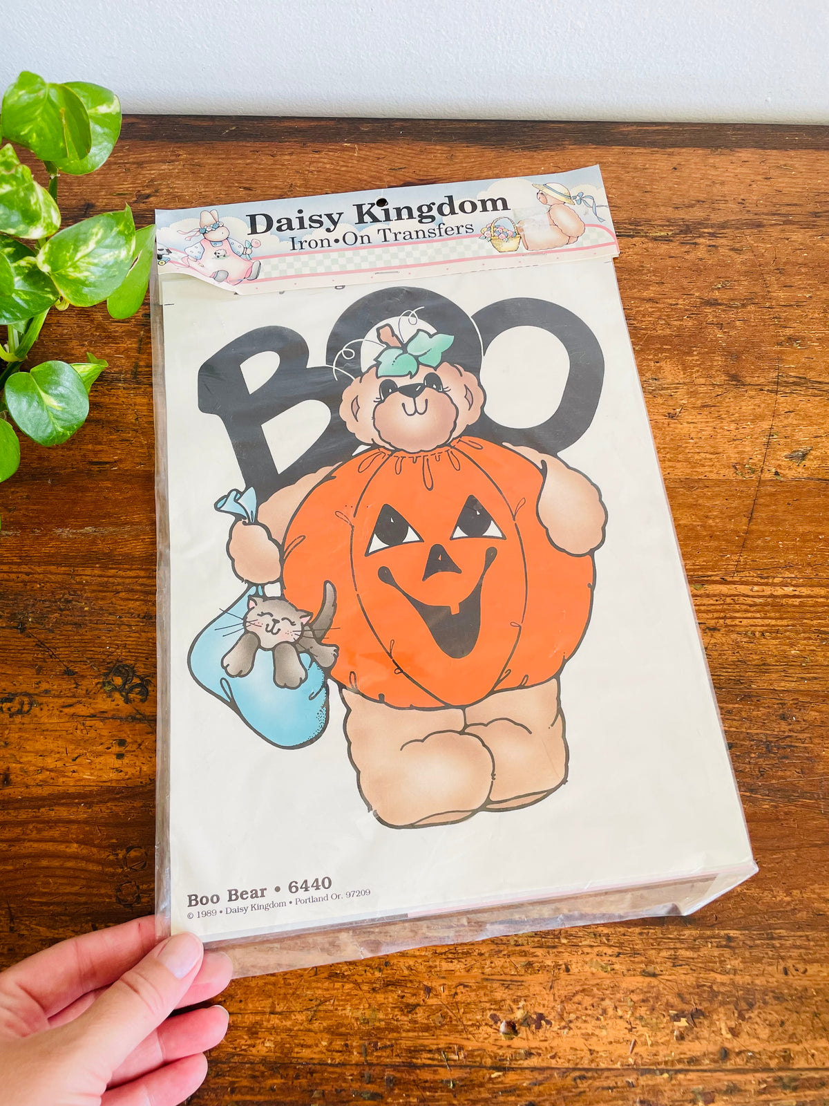 Vintage 1989 Deadstock Daisy Kingdom Iron-On Transfer for Textiles - Boo Bear #6440 - Halloween Trick or Treat Pumpkin Bear with Cat Design