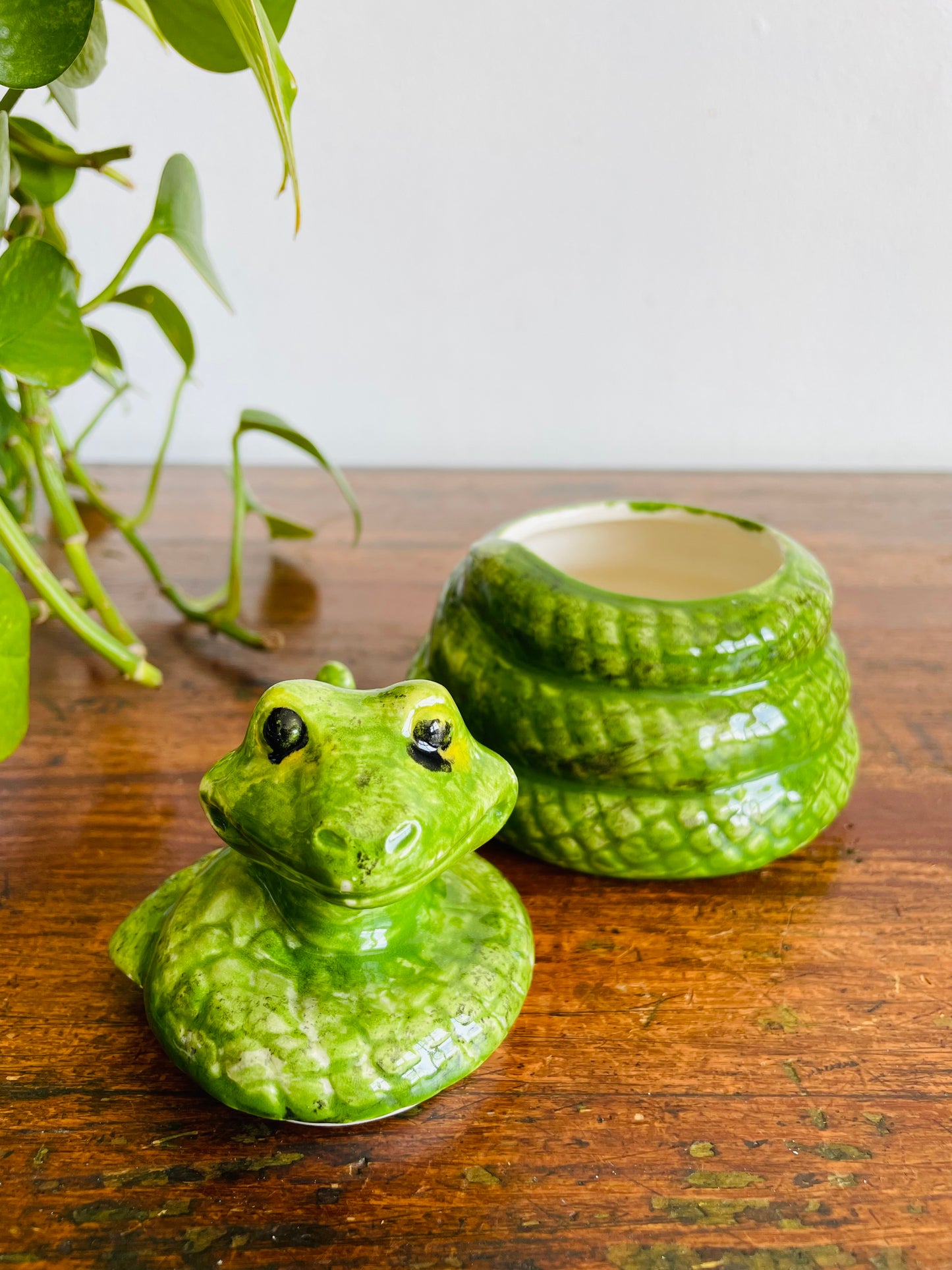 Adorable Hand Painted Green Ceramic Coiled Snake Jar with Lid