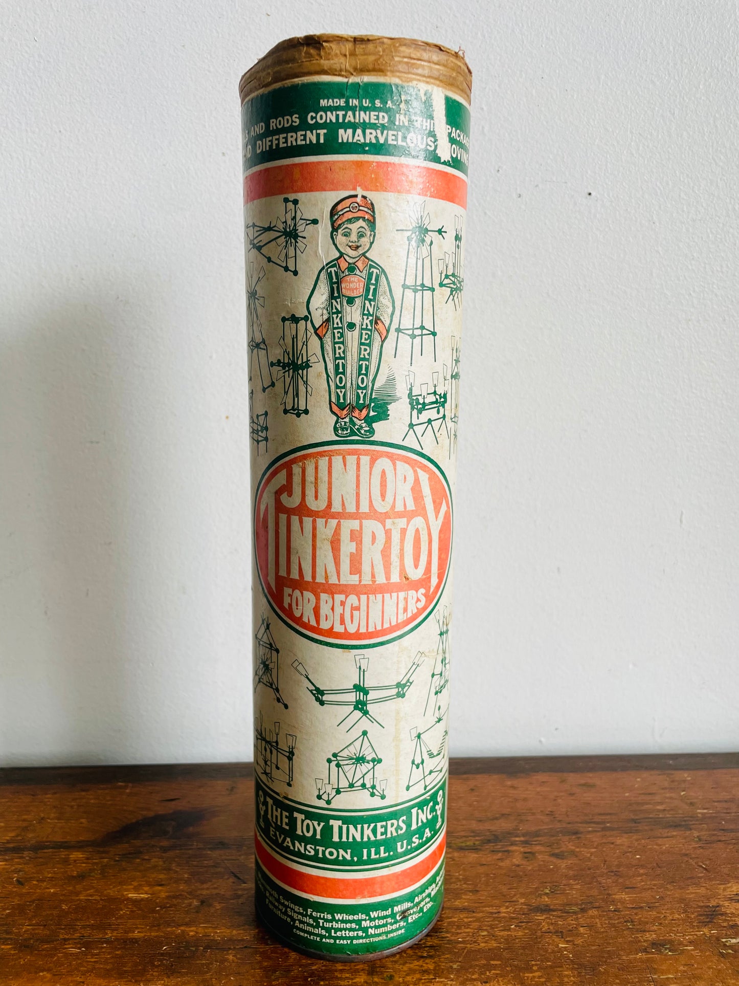 Vintage Junior Tinkertoy for Beginners Green Label Canister with Wood Building Blocks - Includes 42 Pieces