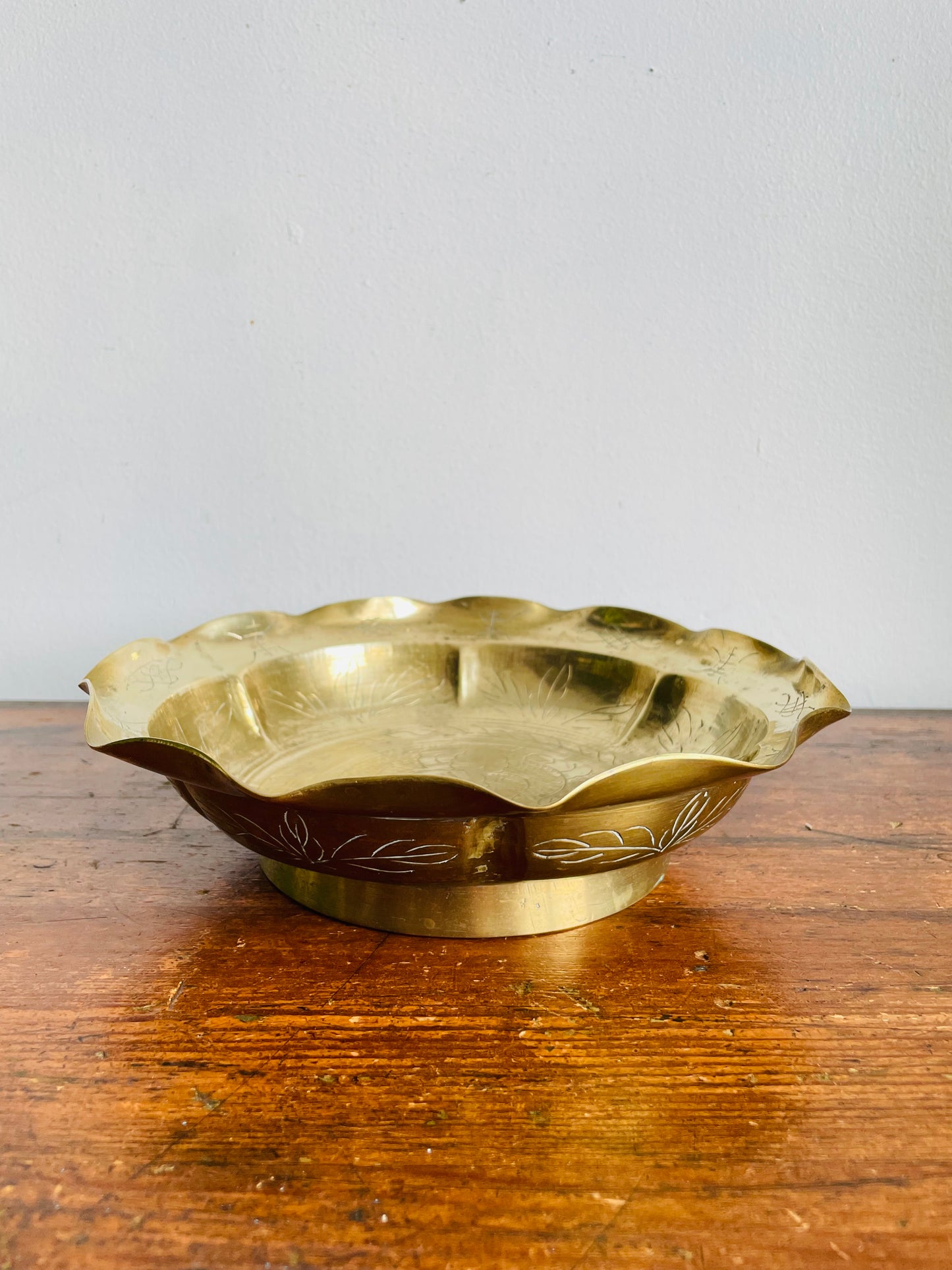 Vintage Solid Chinese Brass Footed Bowl with Etched Dragon Design
