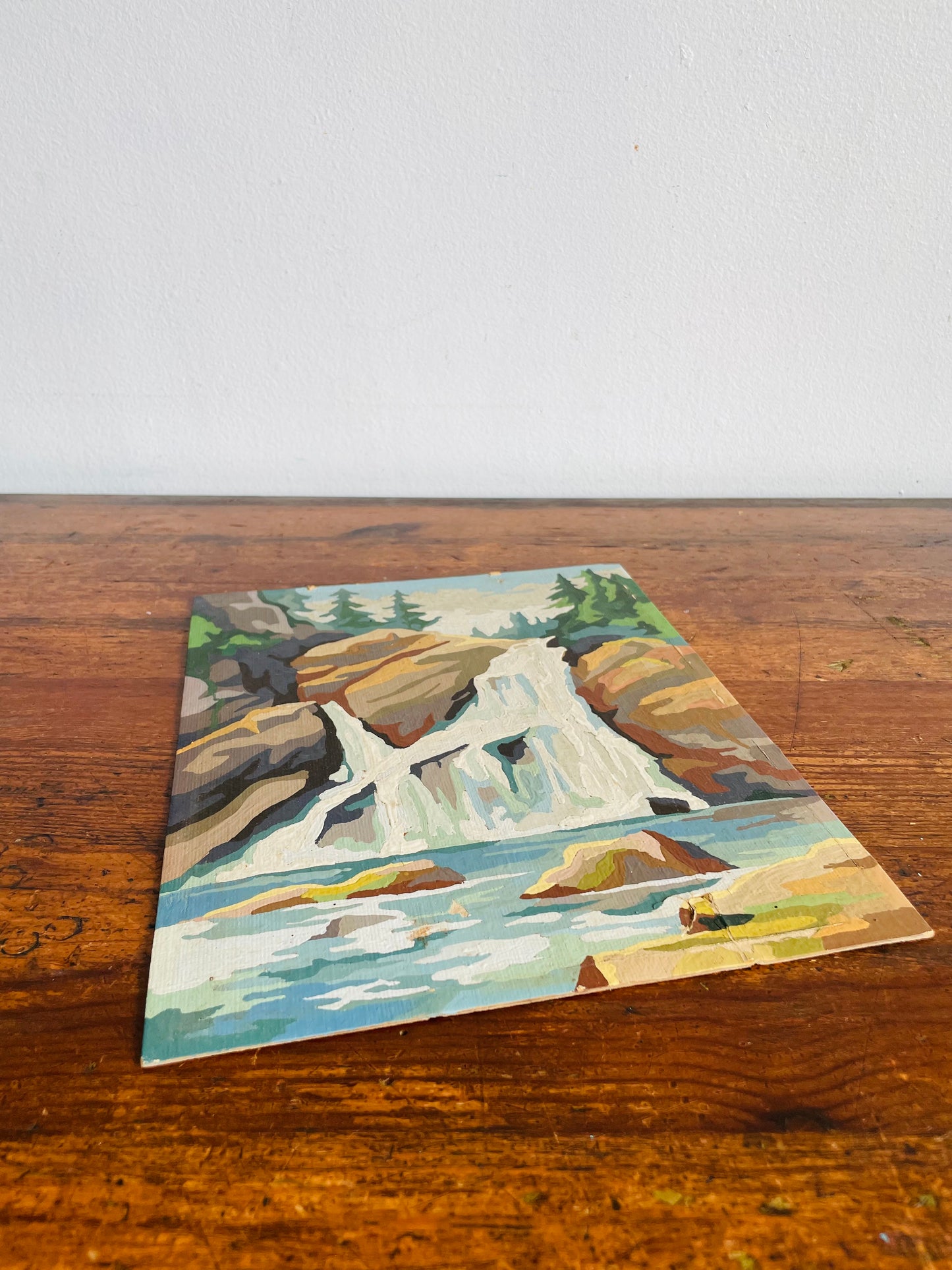 Vintage 1960s Paint by Number (PBN) Picture on Board of Waterfall in Forest - 8" x 10"