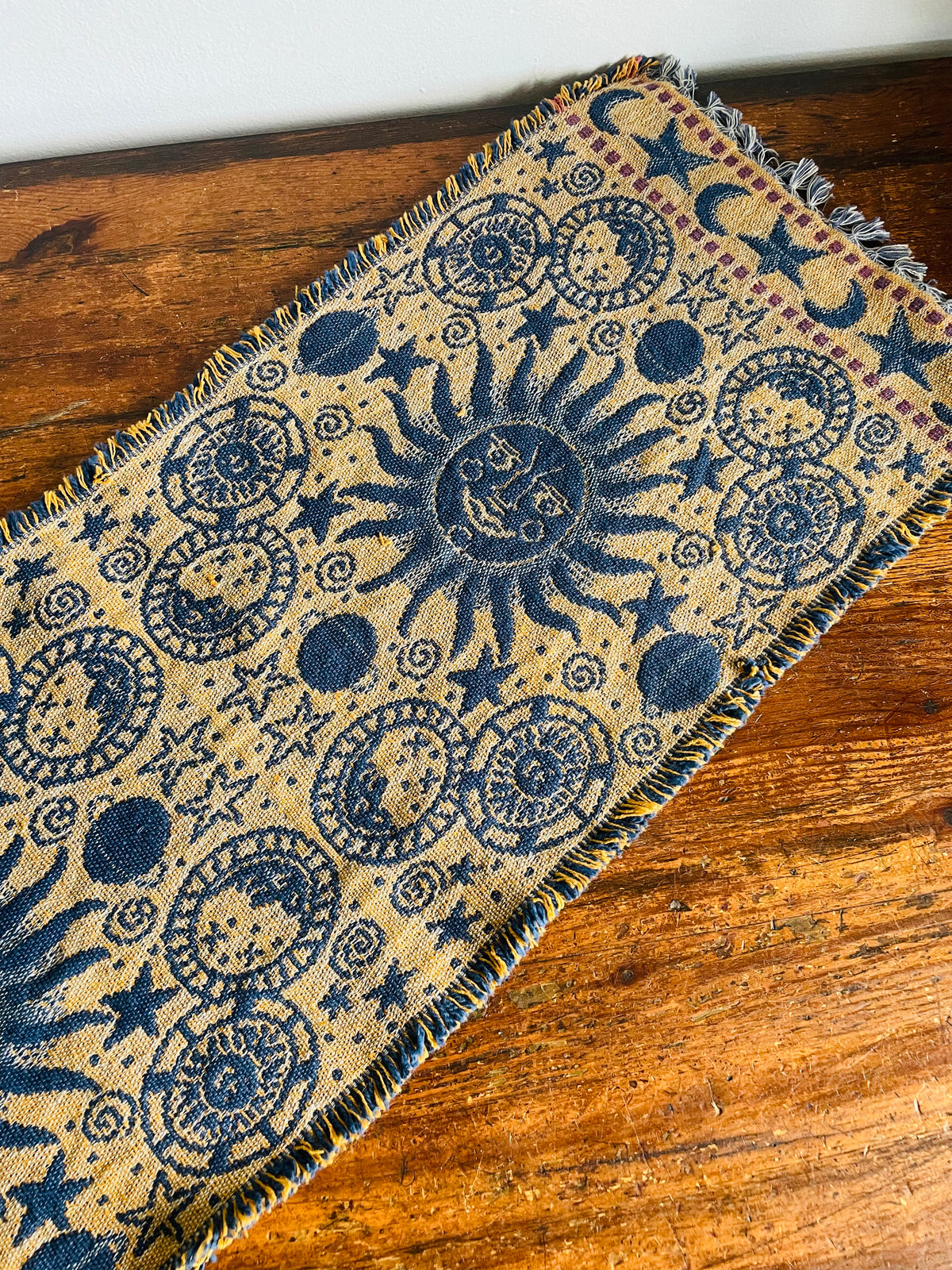 Vintage Blue & Yellow Reversible Celestial Tapestry Fabric Fringed 2.88 Feet Table Runner with Sun, Moon & Star Design - Whimsigoth Decor