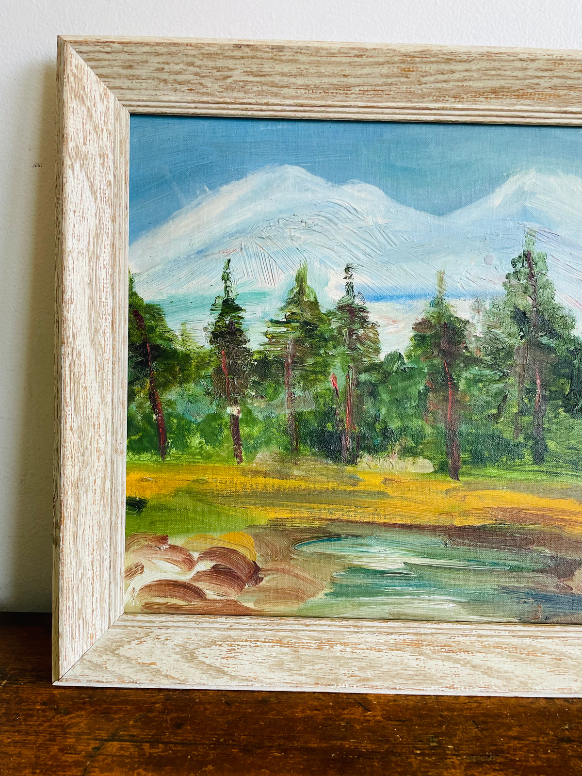 Vintage Original Art Painting Picture of Forest on Lake Nature Scene with Red Cabin House & Smoking Chimney - Signed Maria - No Shipping