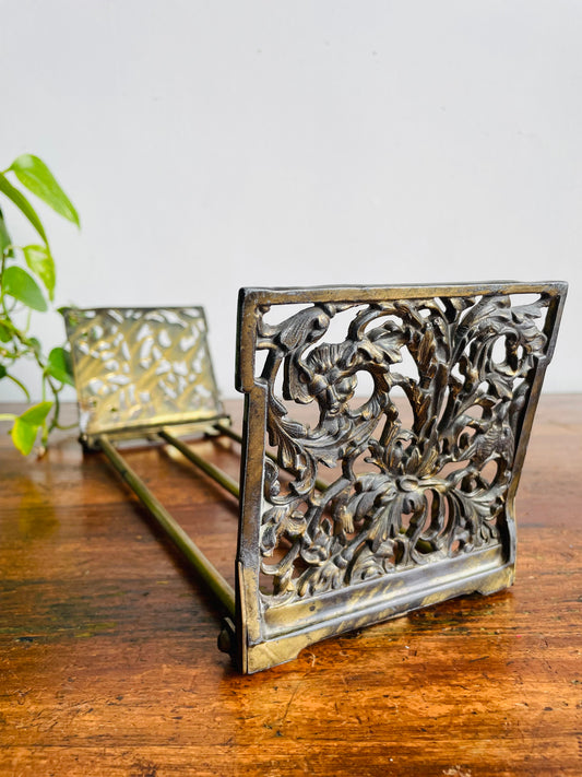 Vintage Brass Expandable / Adjustable / Foldable Book Stand Rest Holder with Ornate Art Nouveau Floral Design - Great for Desktop, Office, Cookbooks, Etc.