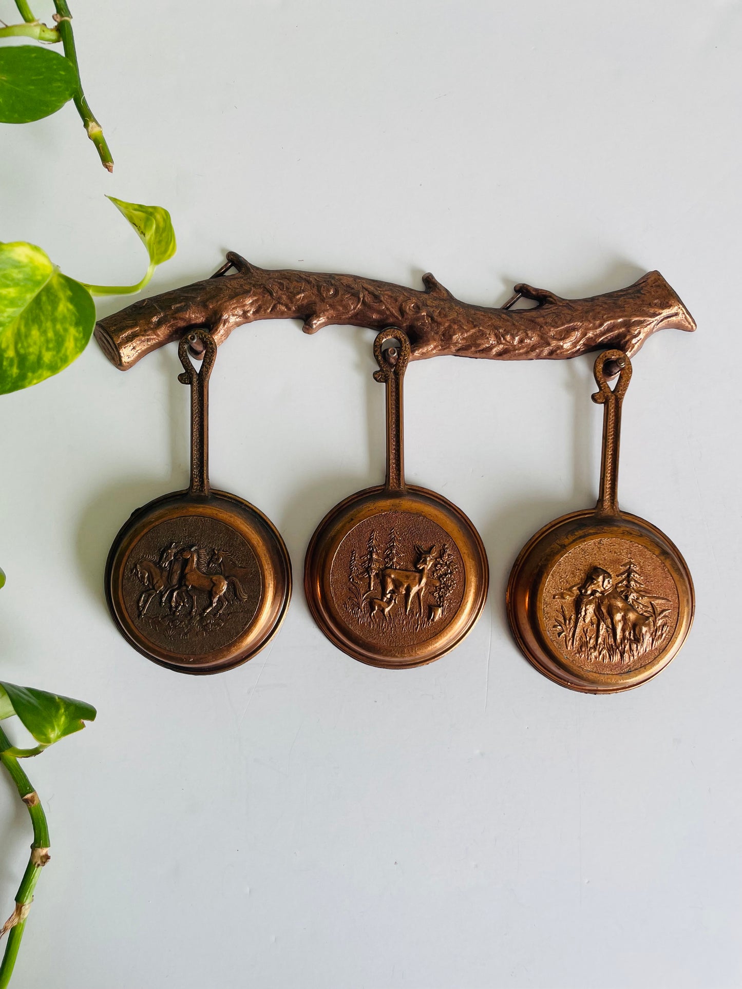 Vintage Miniature Hanging Copper Pans on Branch Hanger with Embossed Animal & Nature Images
