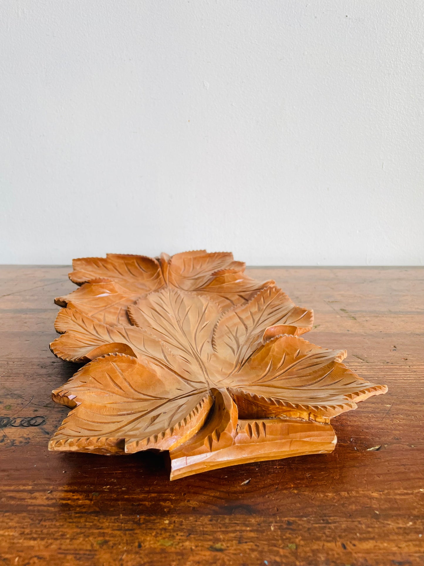 Vintage Gorgeous Carved Wood Tray with Leaf Design & Handles - Can Hang or Lay Flat