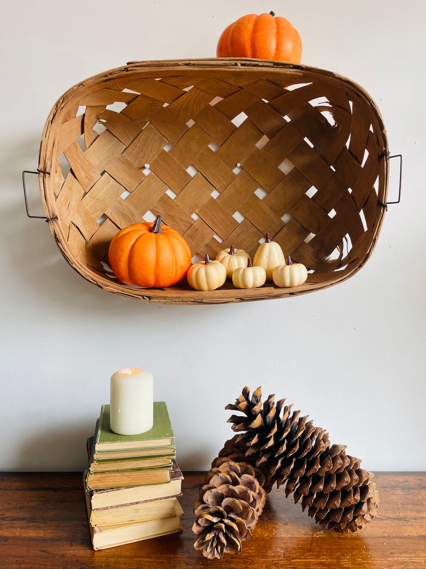Vintage Oval Woven Wood Wide Slat Basket with Metal Handles - Great Storage & Can Hang Too!