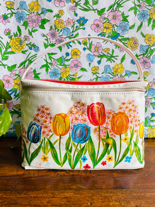 White & Red Zippered Soft Cooler Bag with Plastic Handle & Bright Tulip Flower Design