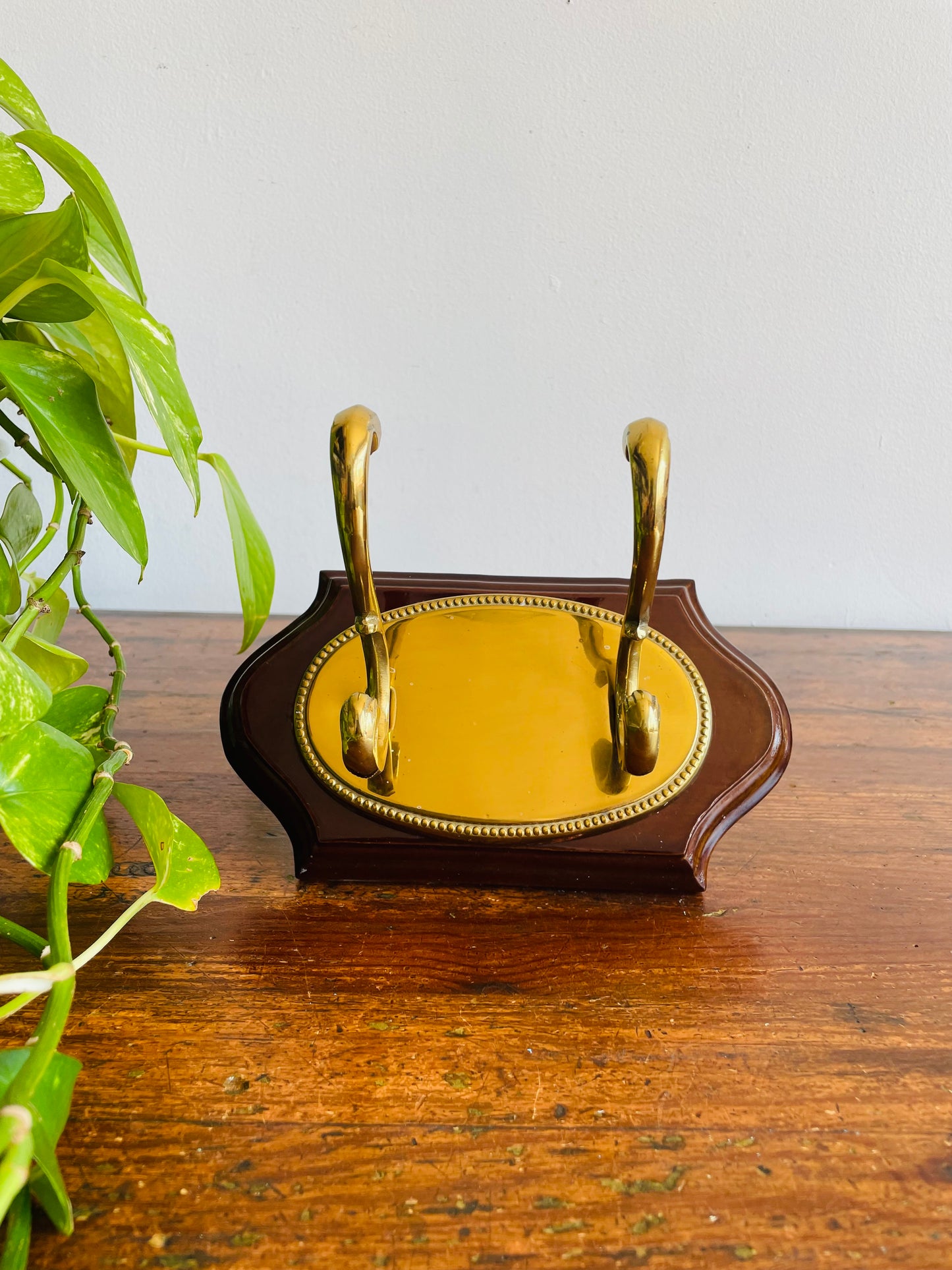 1989 Wood & Brass Double Hook Wall Hanger - Made in Korea