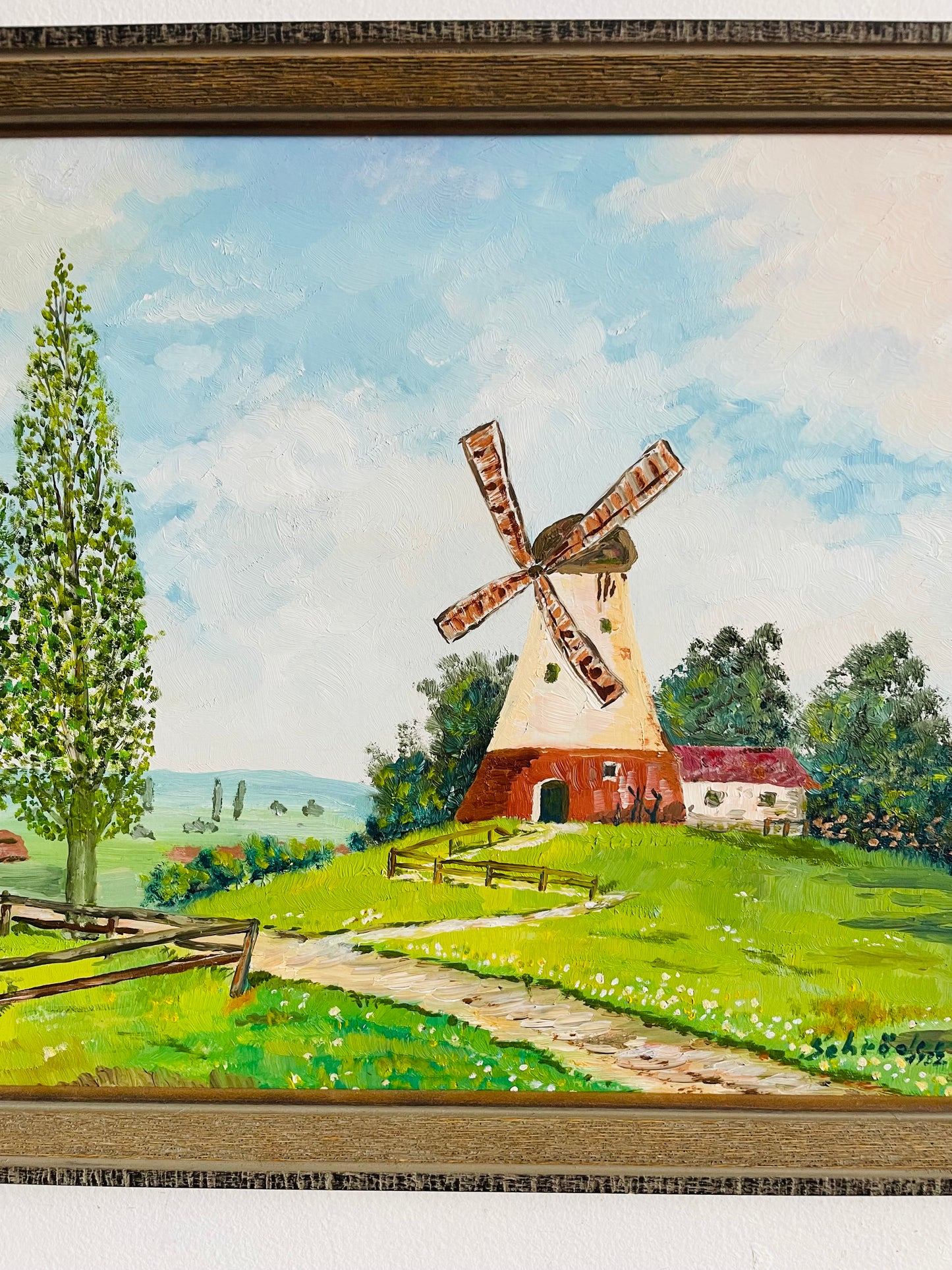 Vintage 1982 Original Art Painting of Dutch Countryside Scene - Green Grass Meadow & Windmill Cottage - Artist Signed