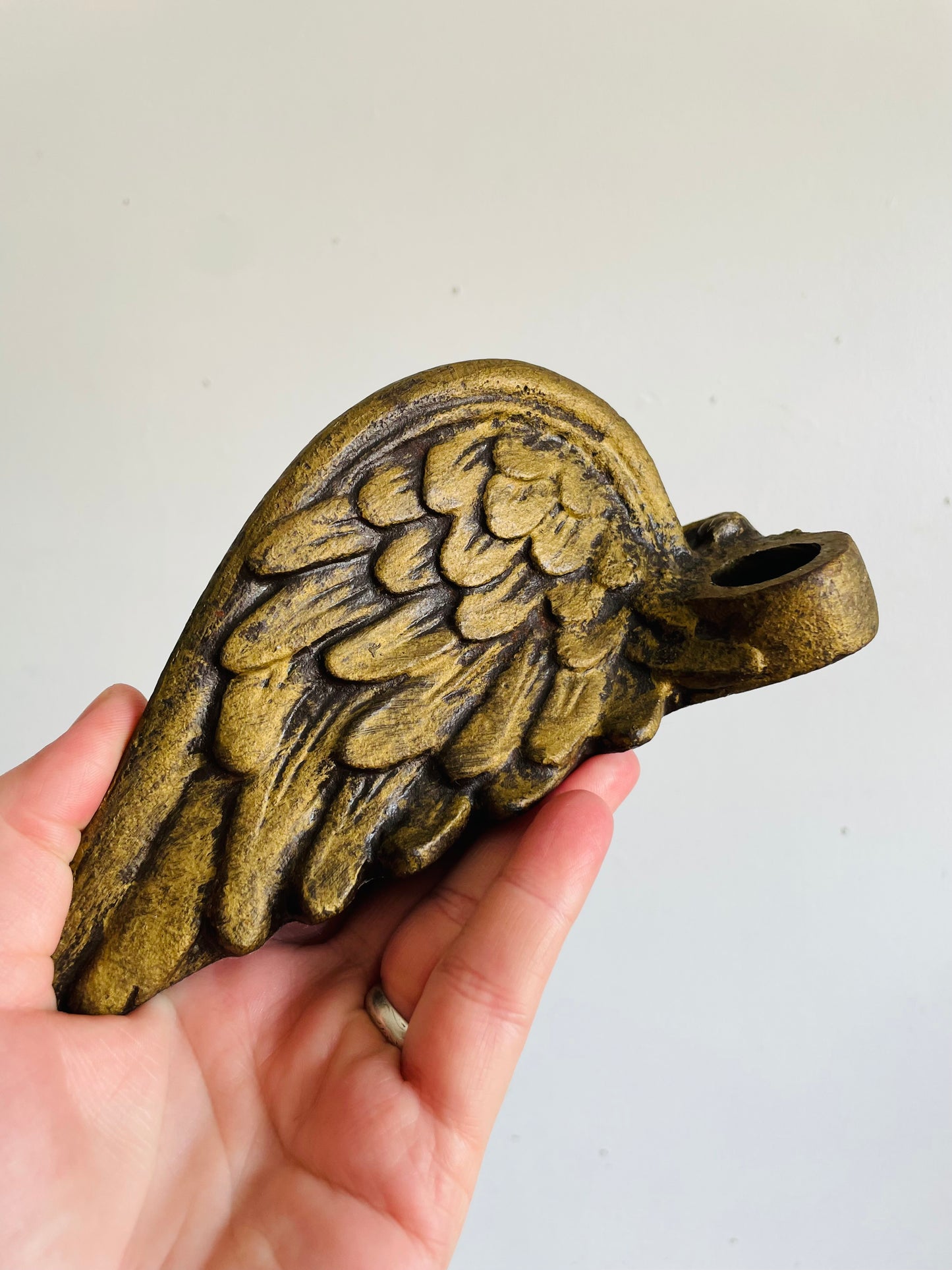 Vintage Solid & Heavy Gold Cast Iron Angel Wing Candle Holder
