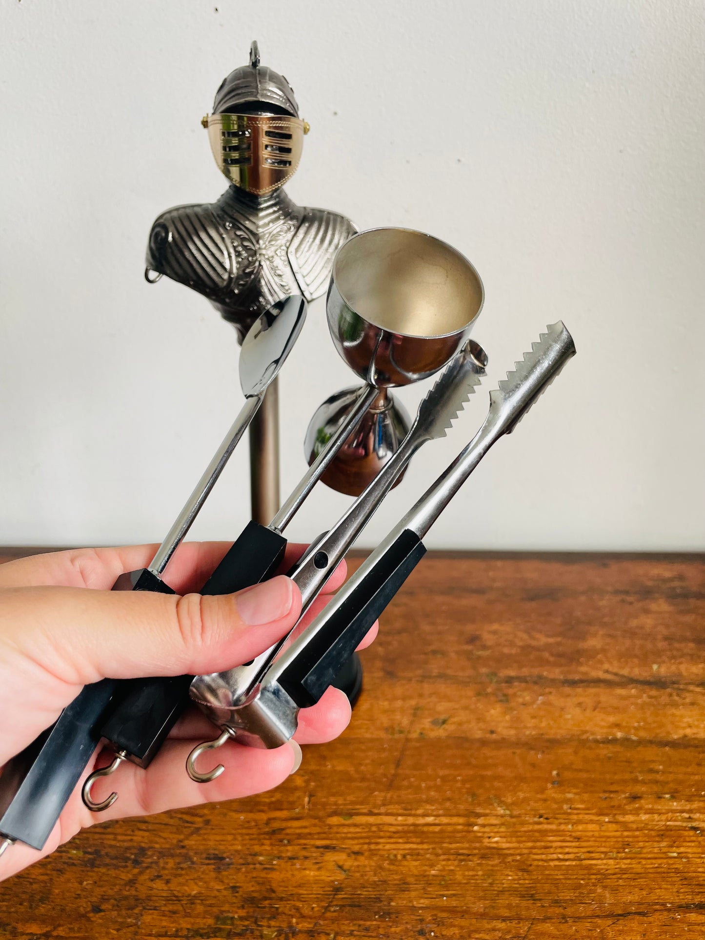 Vintage Knight in Armour Barware Set - Includes 3 Utensils - Tongs, Spoon & Measuring Jigger - Made in Japan